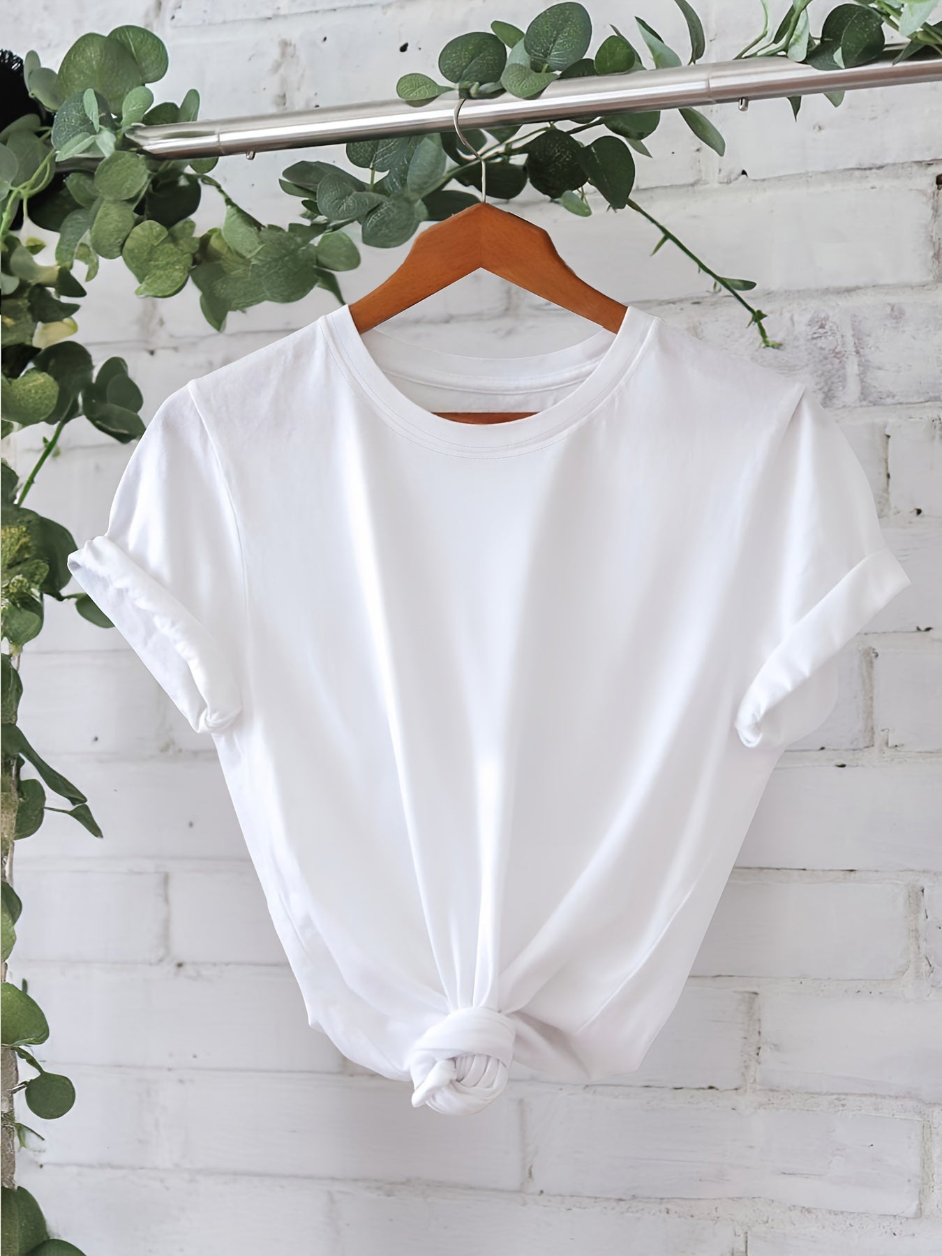 Set of 3 Women's Cotton Solid Color Crew Neck T-Shirts with Short Sleeves and Knot Detail