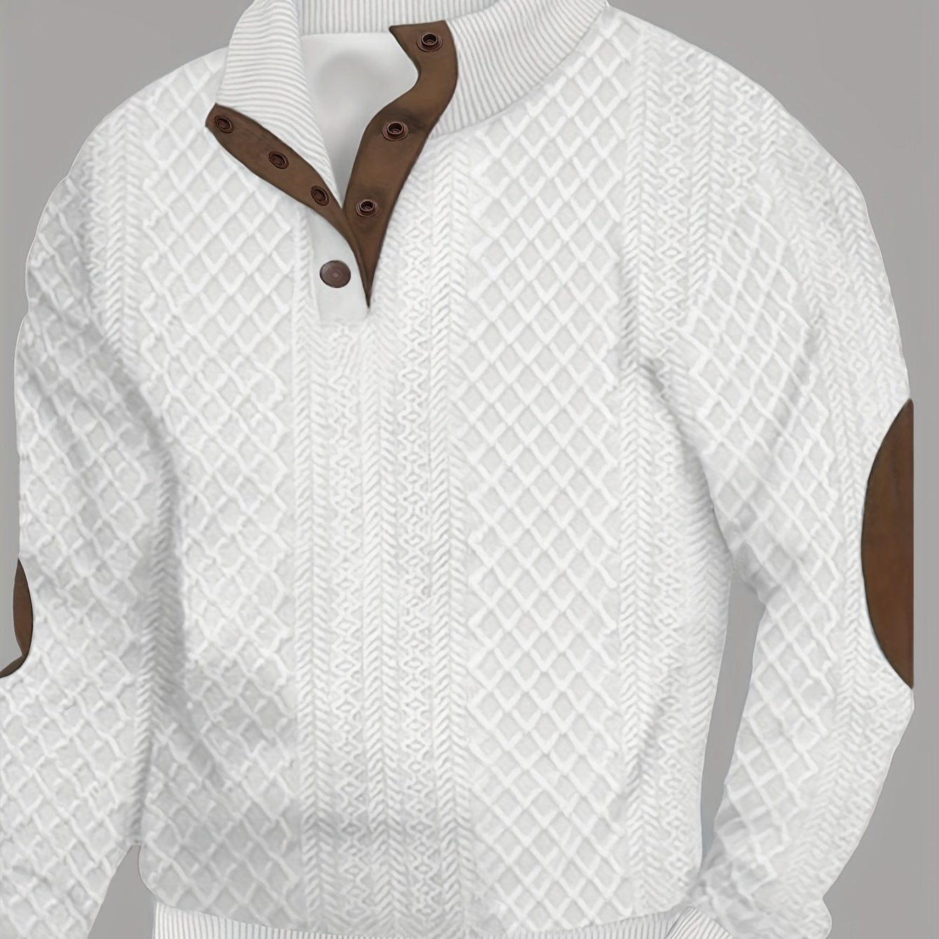 Bej rangdagi geometrik naqshli erkaklar uchun plussiz tasodifiy kardigan sviter, tugmachali old qismi. Bahor va kuz uchun mukammal. Yengil va qulay.