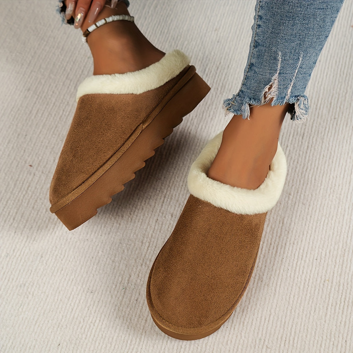 Women's Faux Fur Slip-On Slippers Indoor Outdoor Thick Sole