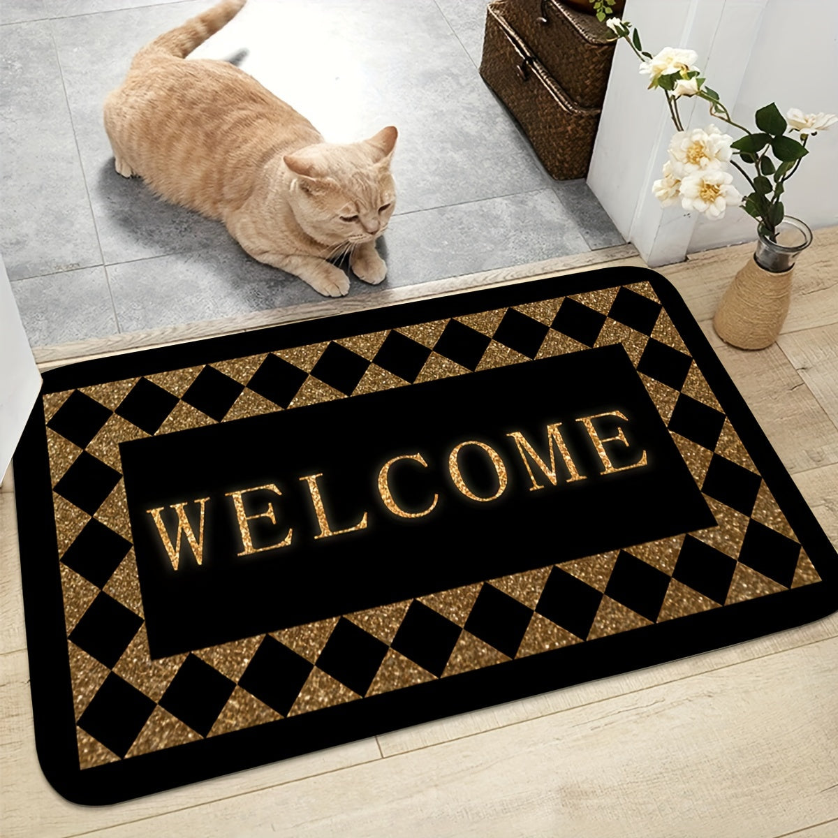 Золотисто-черный коврик для приветствия для дома, кухни и ванной - нескользящий, износостойкий ковер - 1 штука, 100% полиэстер, только ручная стирка