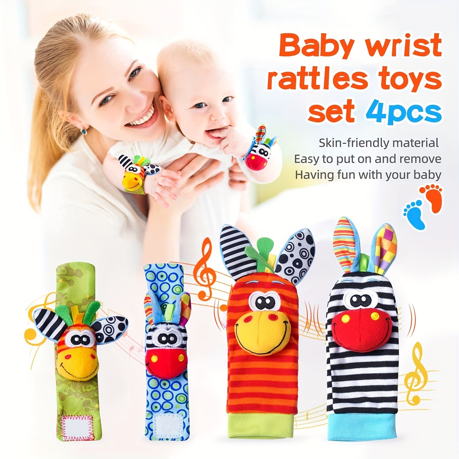 4-Piece Baby Wrist Rattles and Foot Finders Set for Newborns Infants Toddlers
