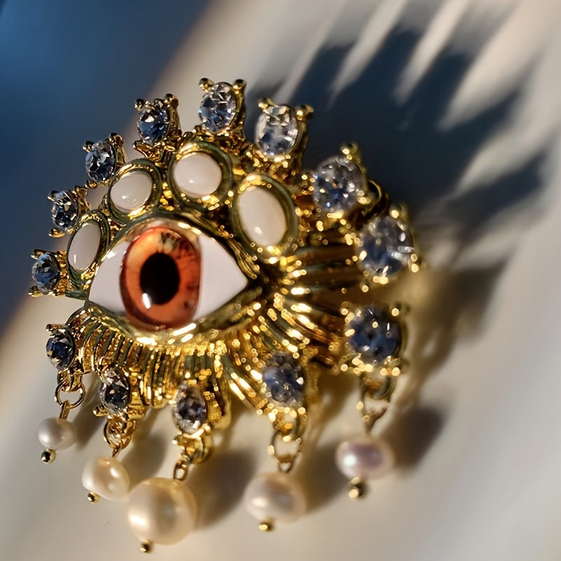 Evil Eye Brooch with Imitation Pearl and Crystal Details Vintage Tassel Jewelry