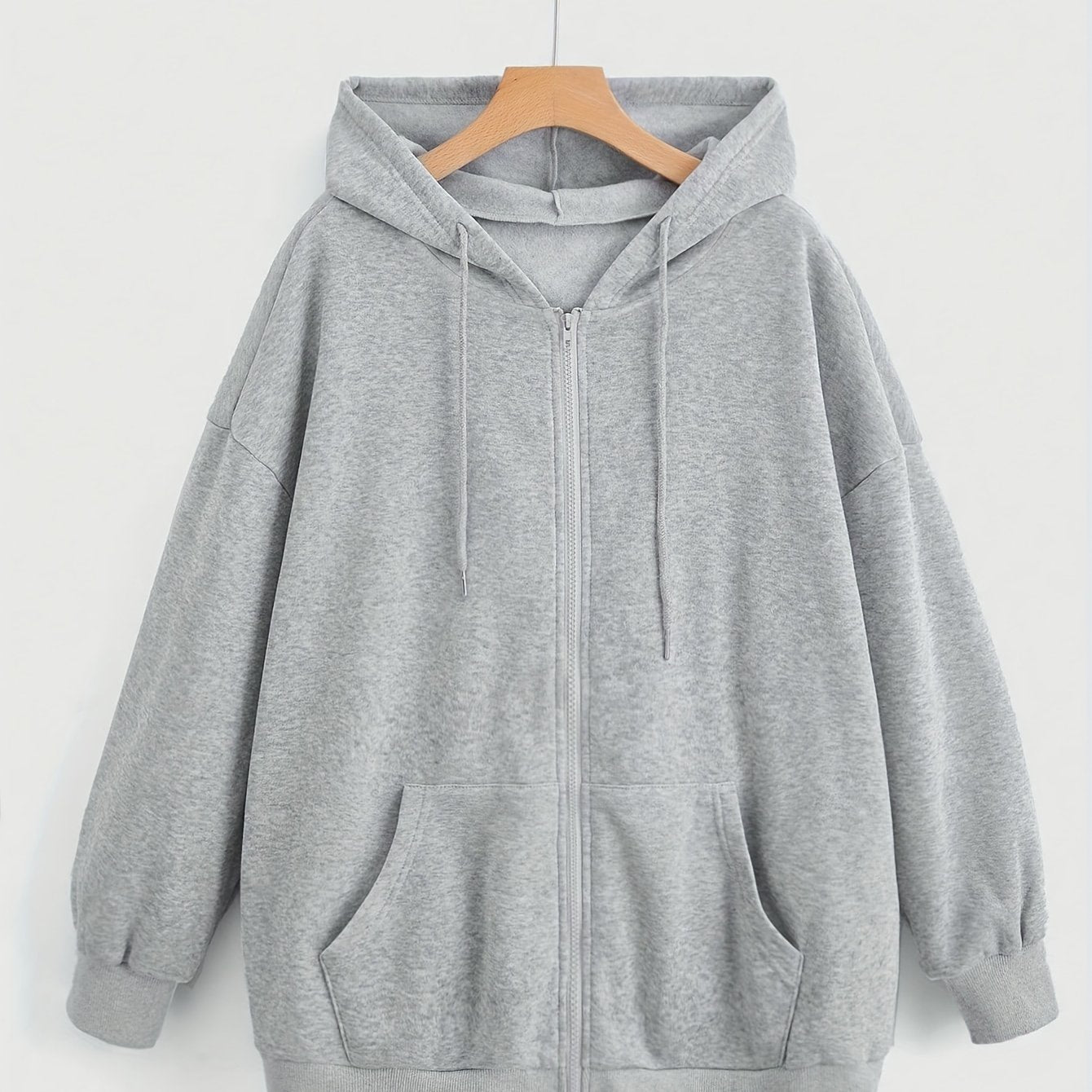 Повседневная толстовка большого размера с длинными рукавами, однотонная, вязаная, из полиэстера, на молнии, с шнурком, осень-зима