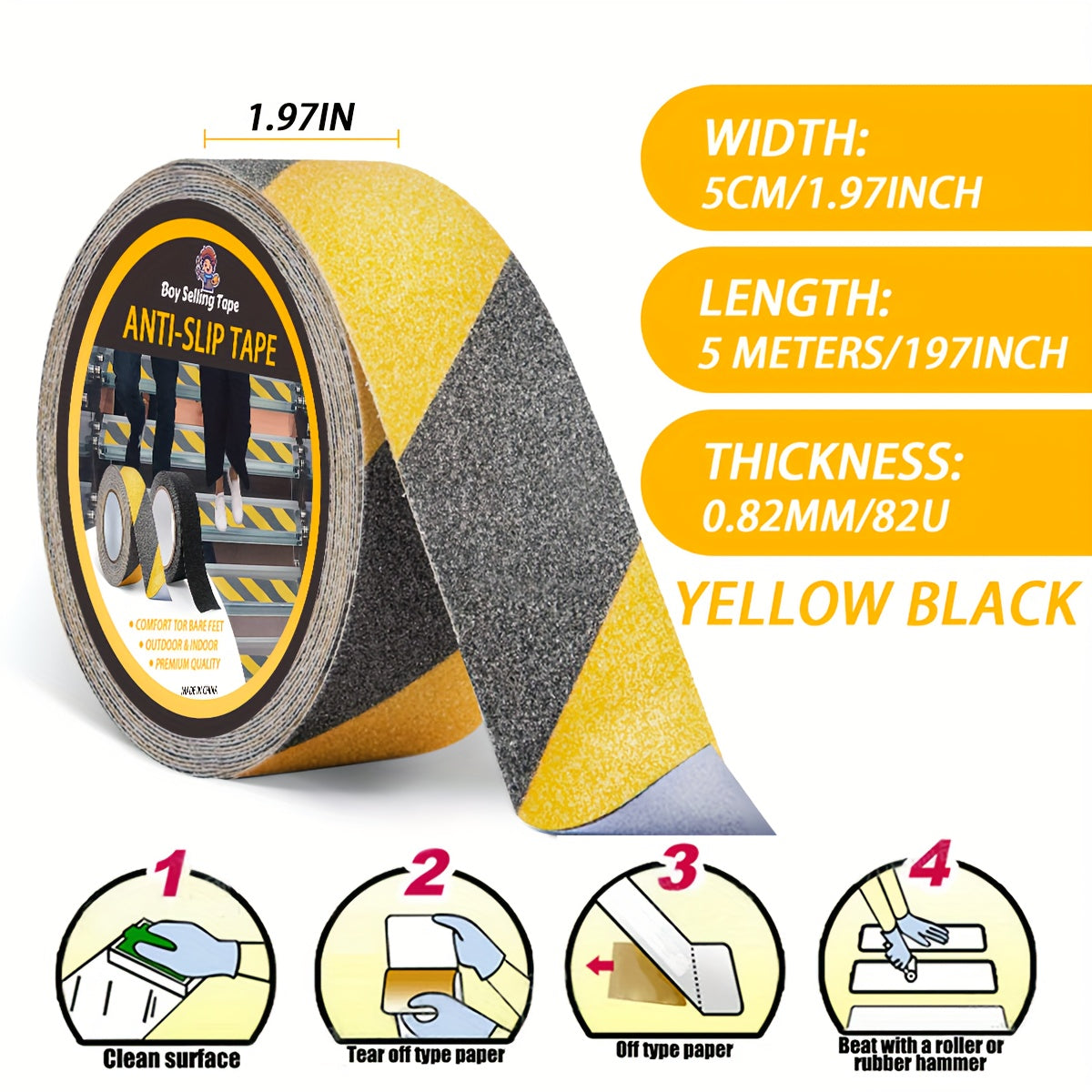 Anti Slip Safety Tape Yellow Black 5.08 Cm X 5 M for Stairs and Steps
