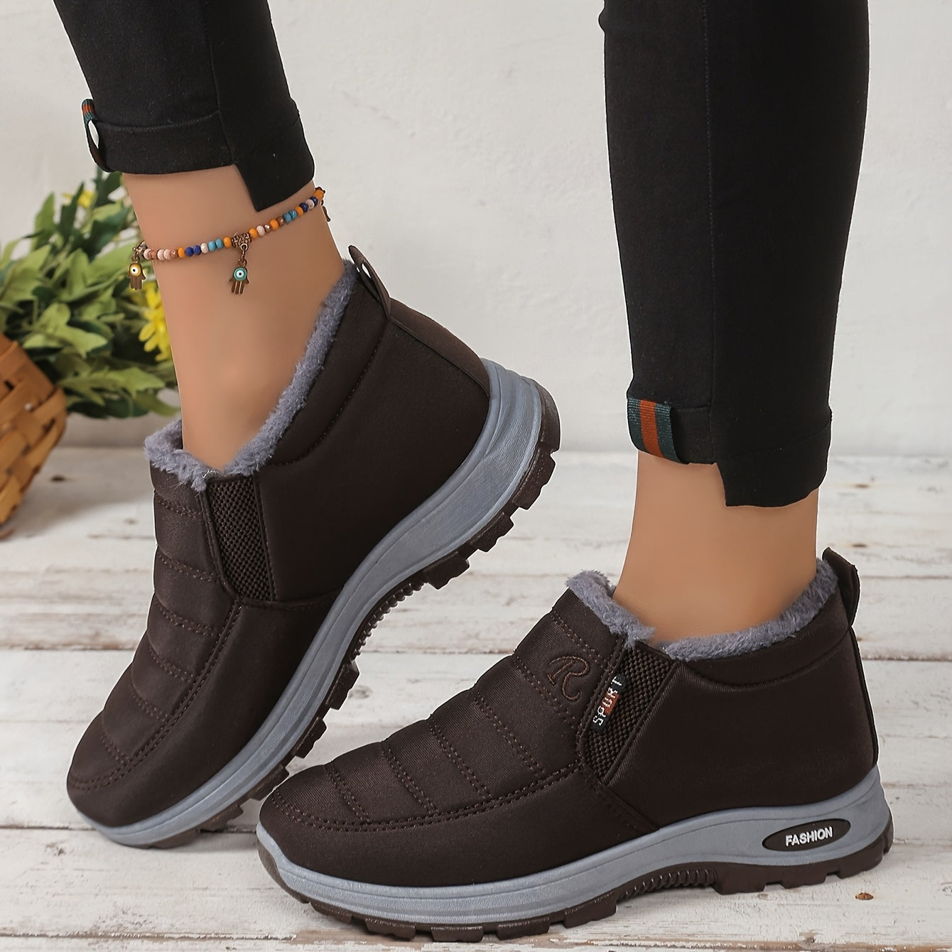 Women's Winter Ankle Boots Plush Fleece Lining Casual Slip-On Black