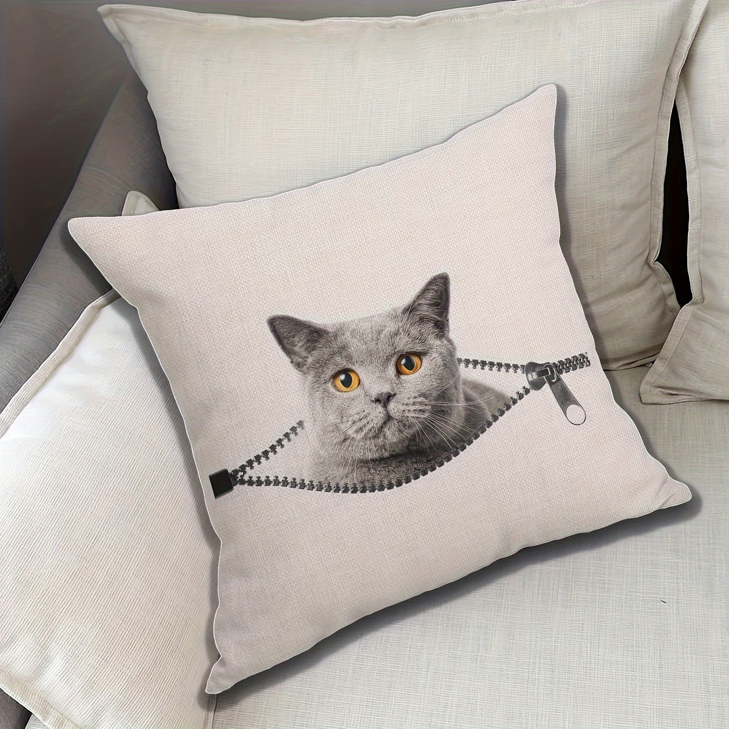 Linen Cat Pillowcase Single-Sided Print Zip Closure Machine Washable Decorative