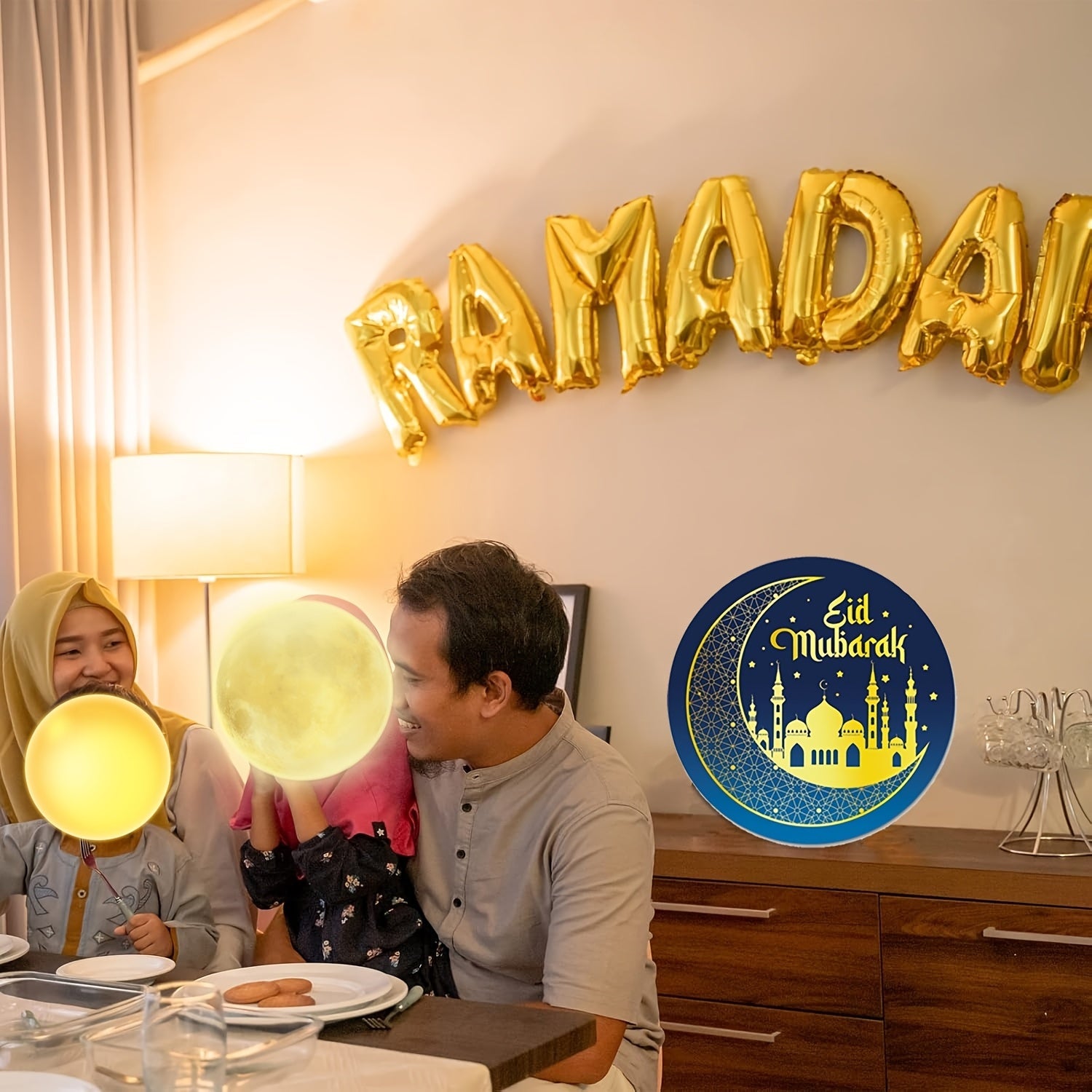 Wooden Wall Decor for Ramadan Eid Celebration Blue and Gold Door Sign
