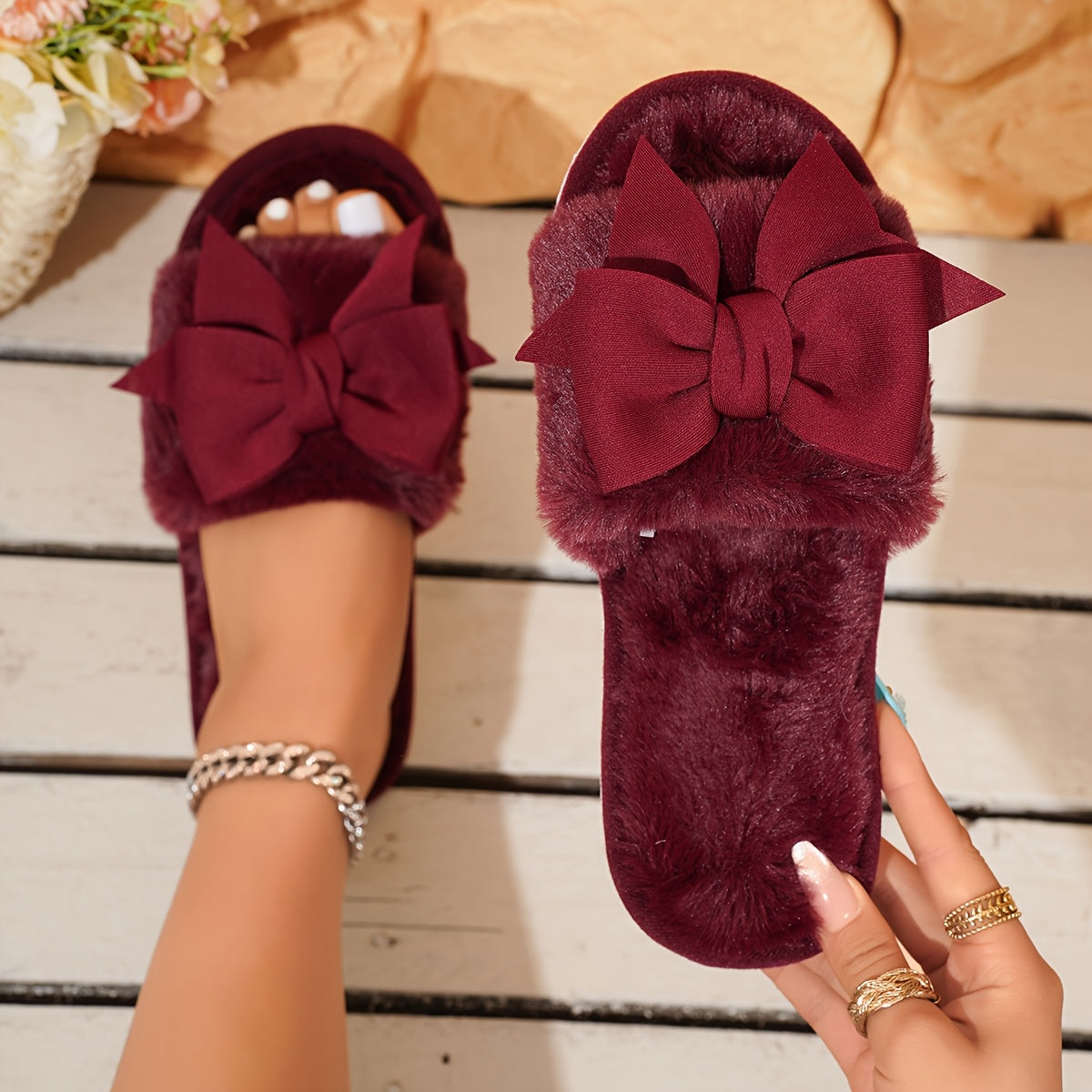 Women's Plush Slip-On House Slippers with Bow, Soft Fabric, All-Season Indoor Comfort