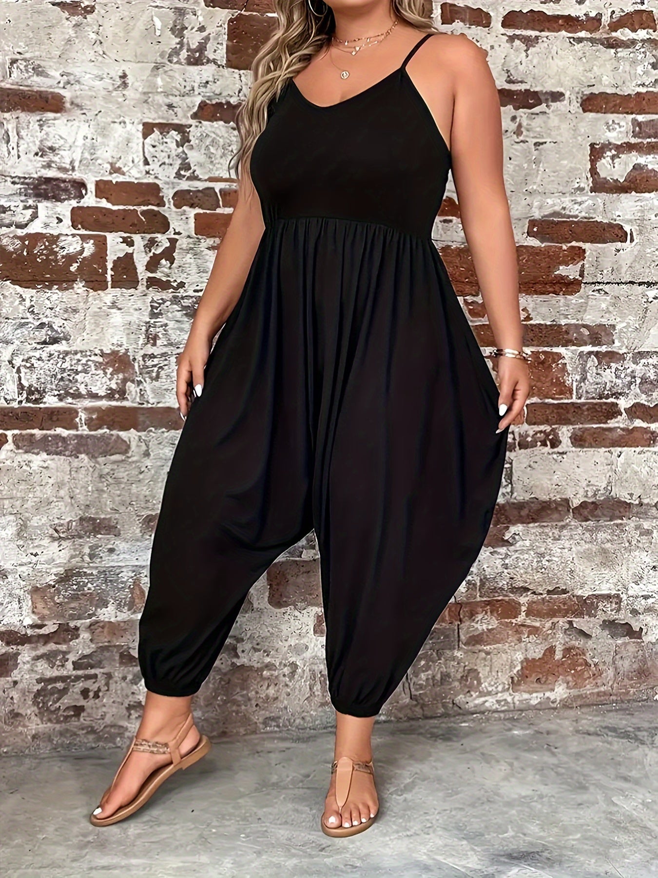 Plus Size Women's Orange Sleeveless Jumpsuit Casual Wide-Leg Beachwear