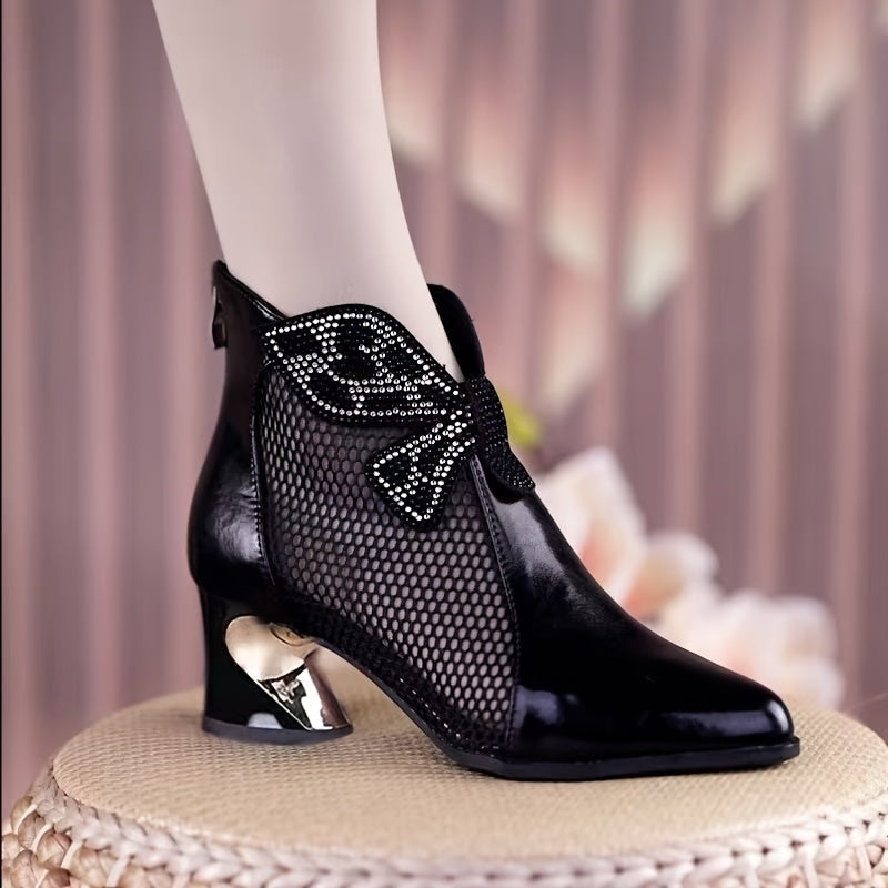 Women Mesh Boots With Rhinestones, Pointed Toe, Zipper Closure