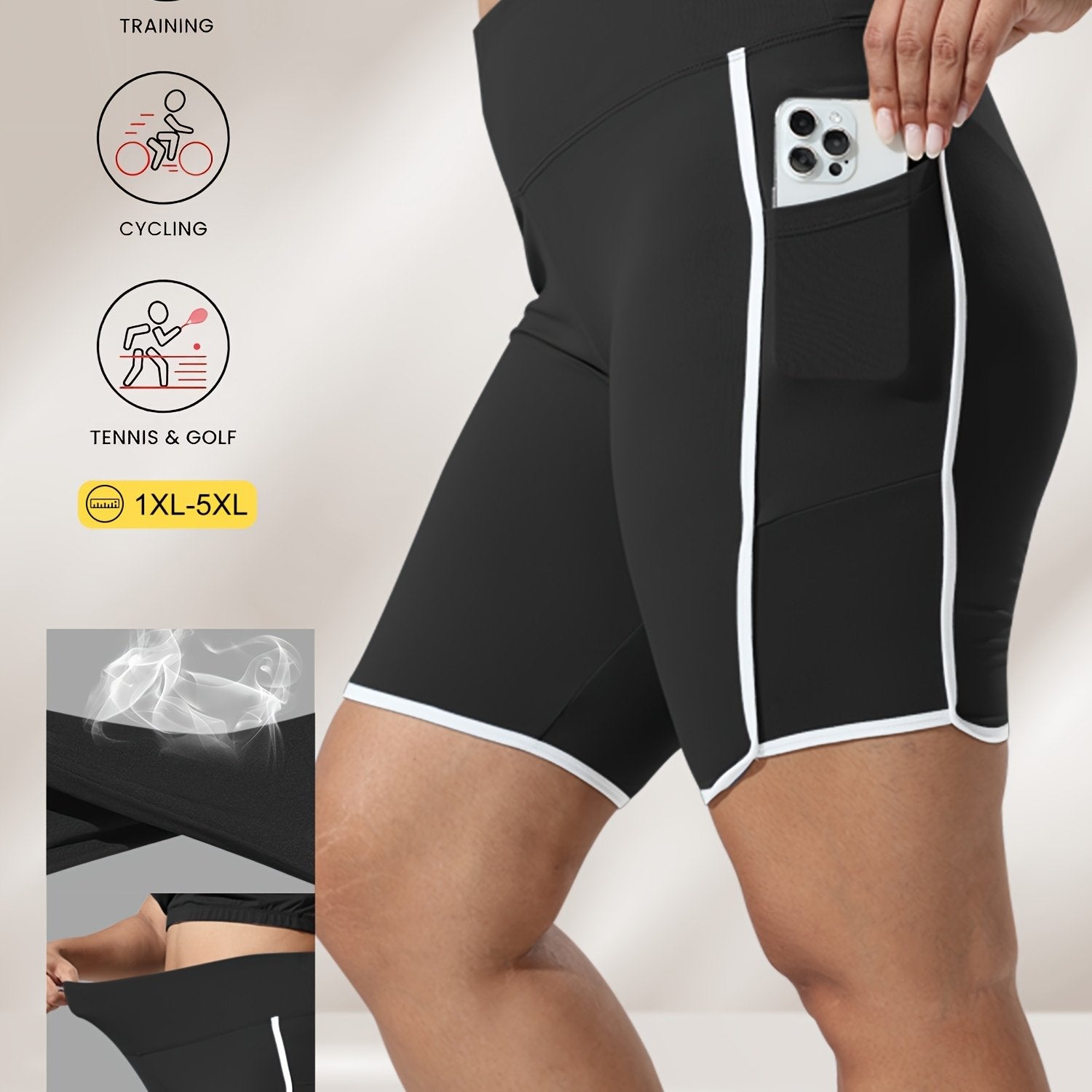 Plus Size High-Waisted Gym Shorts with Tummy Control Side Pockets White