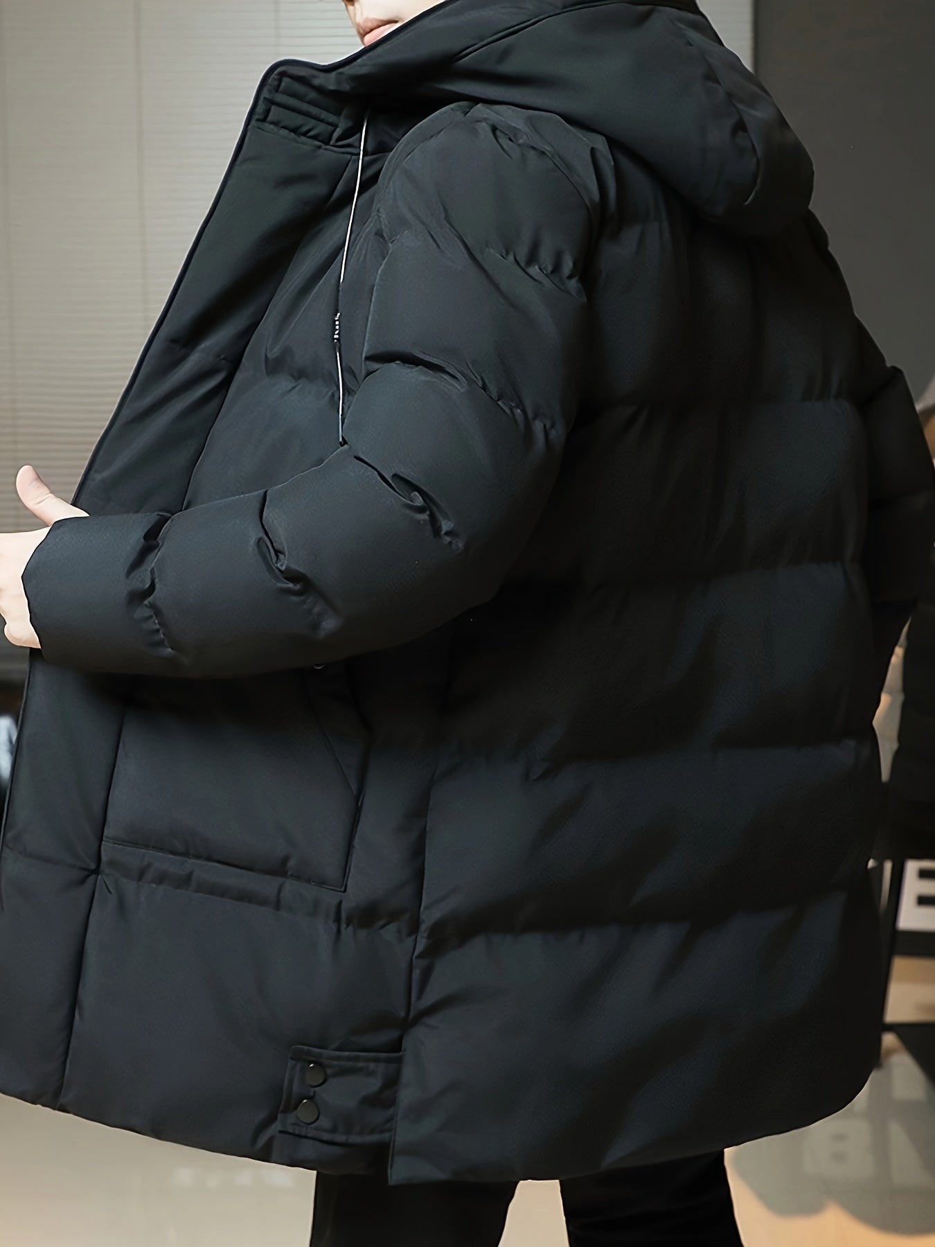 Men's Long Hooded Winter Jacket Polyester with Large Pockets Black