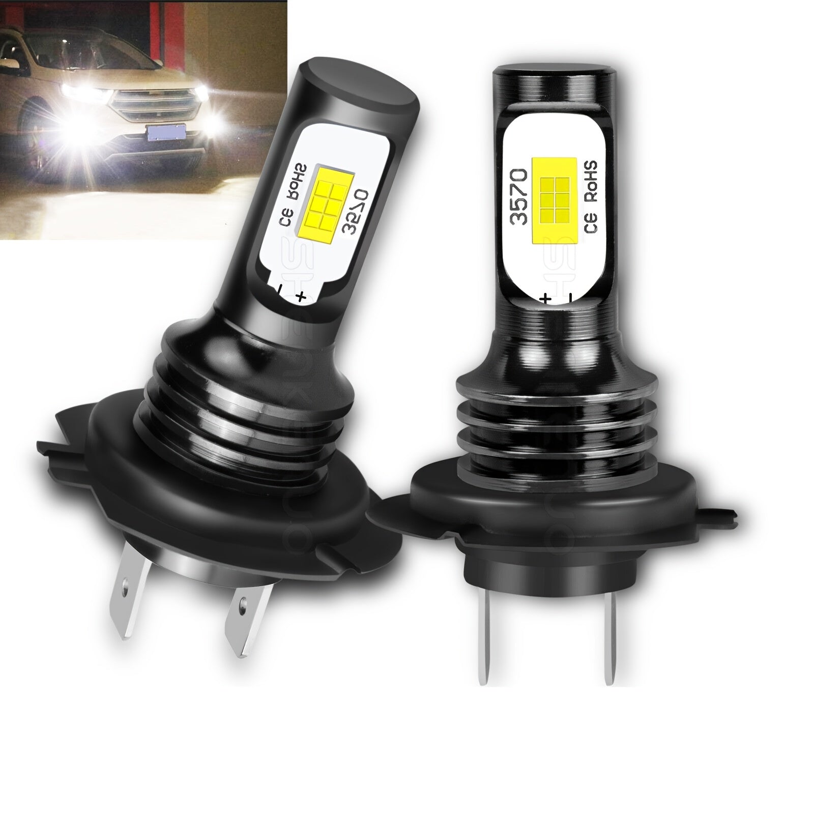 2 dona H7 LED farlar uchun avtomobil yuqori va past nur, tuman chiroqlari 6000K oq