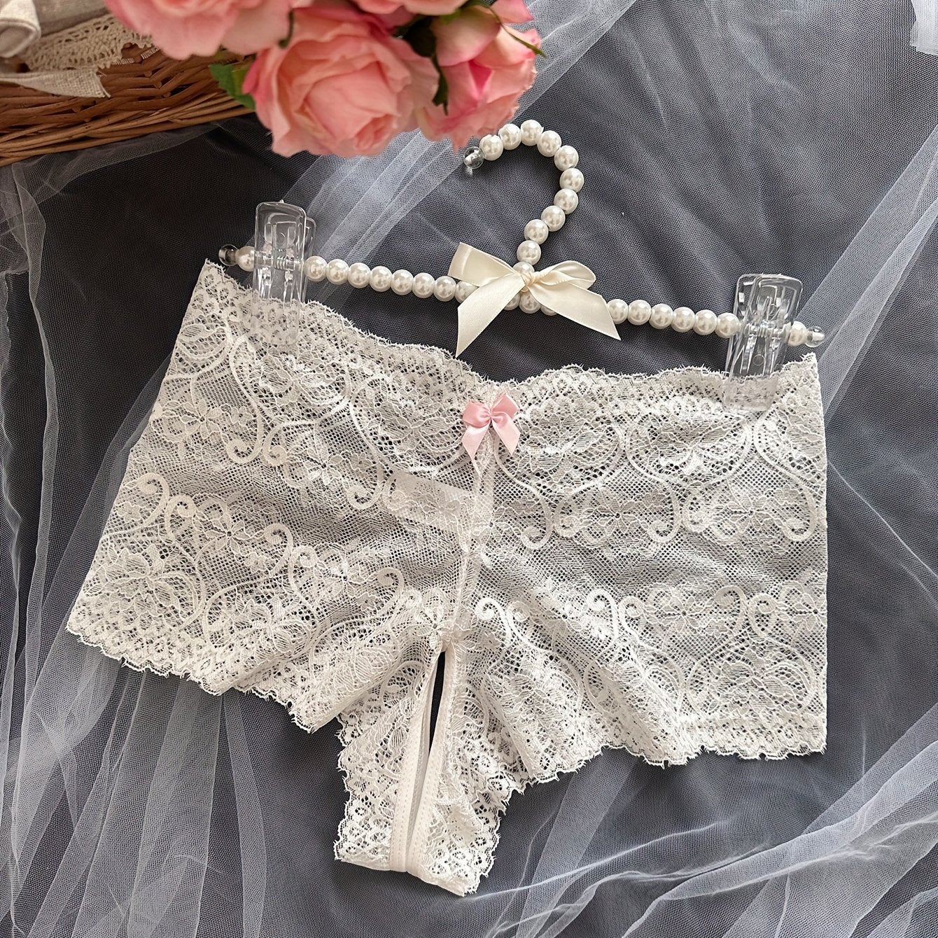Women's Lace Open Crotch Panties with Bow Detail Semi-Sheer Printed Comfortable Lingerie