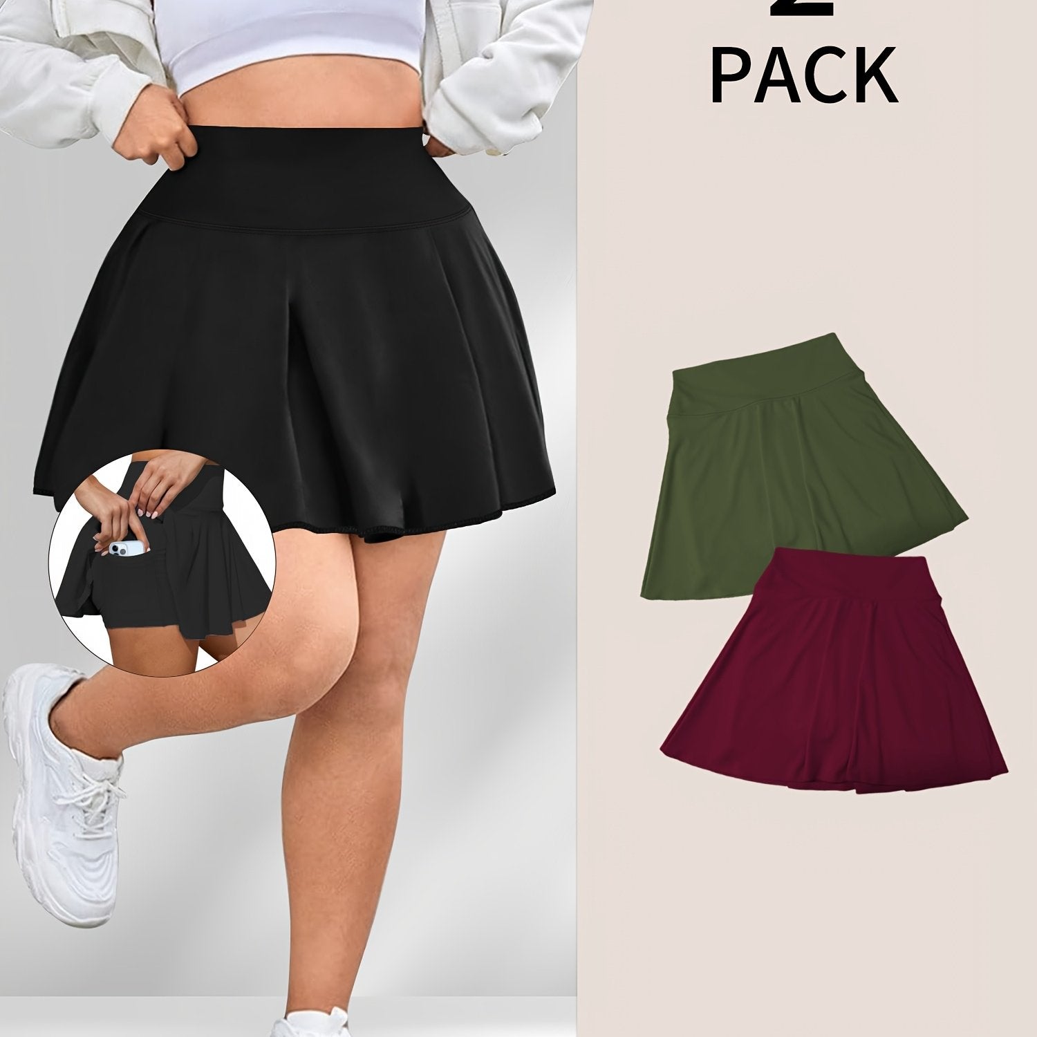 Plus Size Women's Tennis Skirt Pants with Side Pockets Set