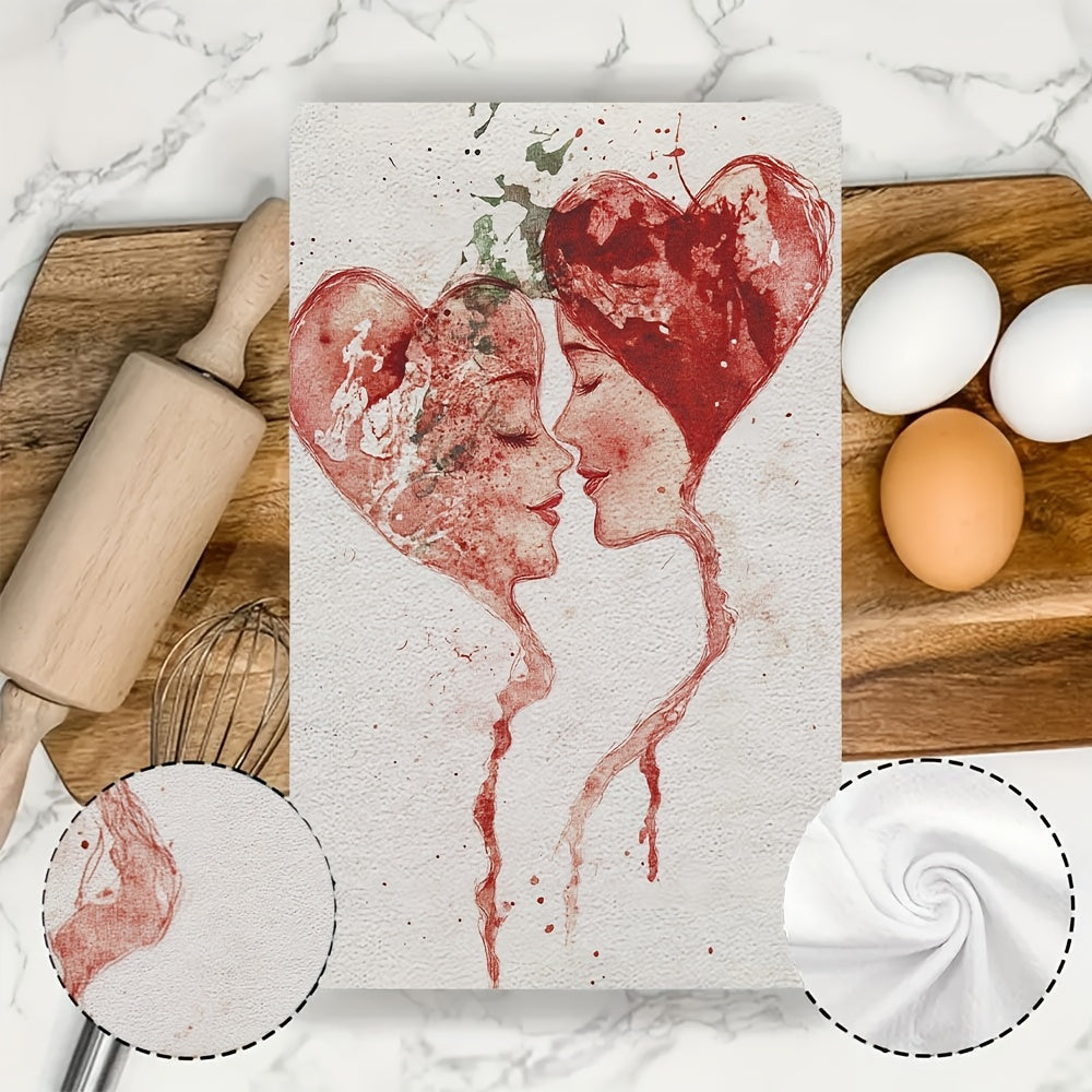 Valentine's Day Kitchen Towels Set 2 Pieces Absorbent Red White Splatter Art