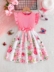 Girls Summer Butterfly Print Midi Dress Set with Belt and Ribbed Sleeves