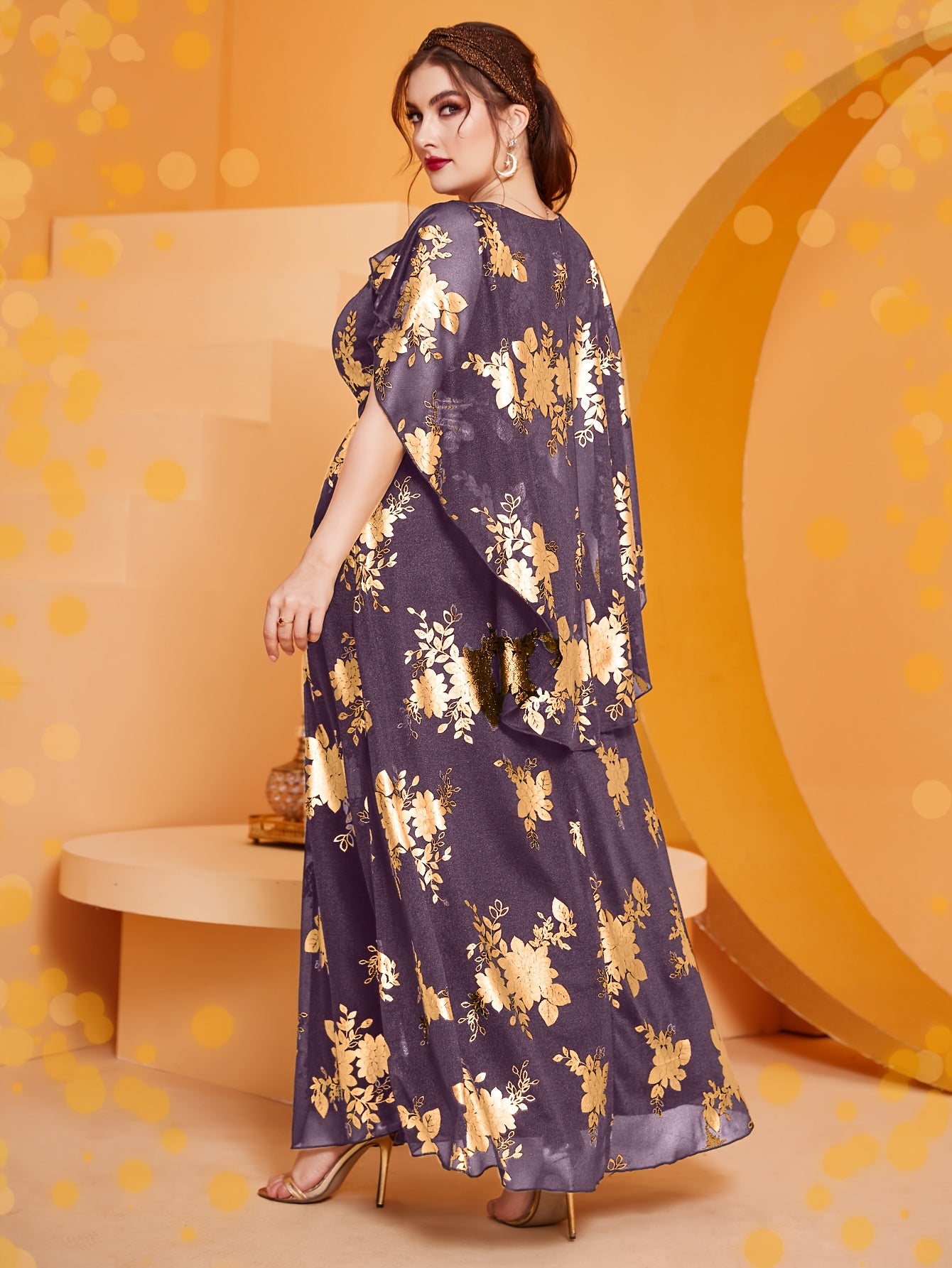 Vestido maxi de talla grande para mujer con escote en V, estampado floral, sin mangas, burdeos, dorado, para todas las estaciones, formal, para la noche