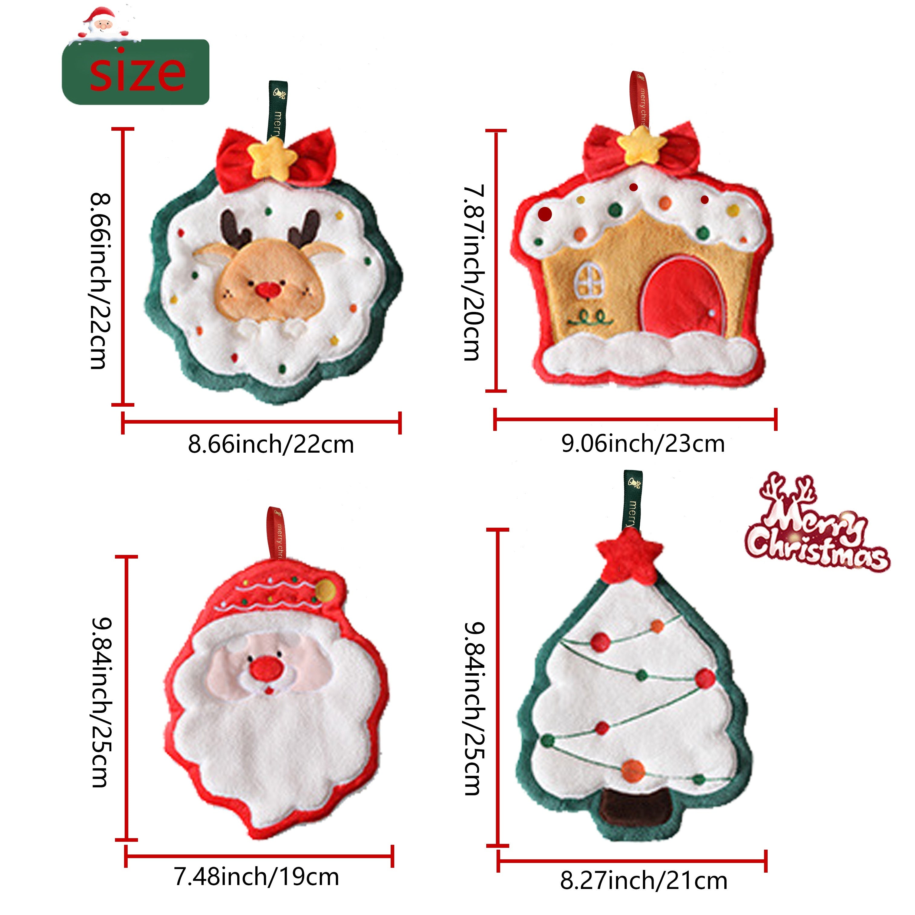 Bayramona Rojdestvo qo'l sochiq, Santa va rengey dizaynlari bilan, ultra-absorbent mikroto'qima, osish halqasi. Ideal bayram hammom bezaklari va sovg'a.