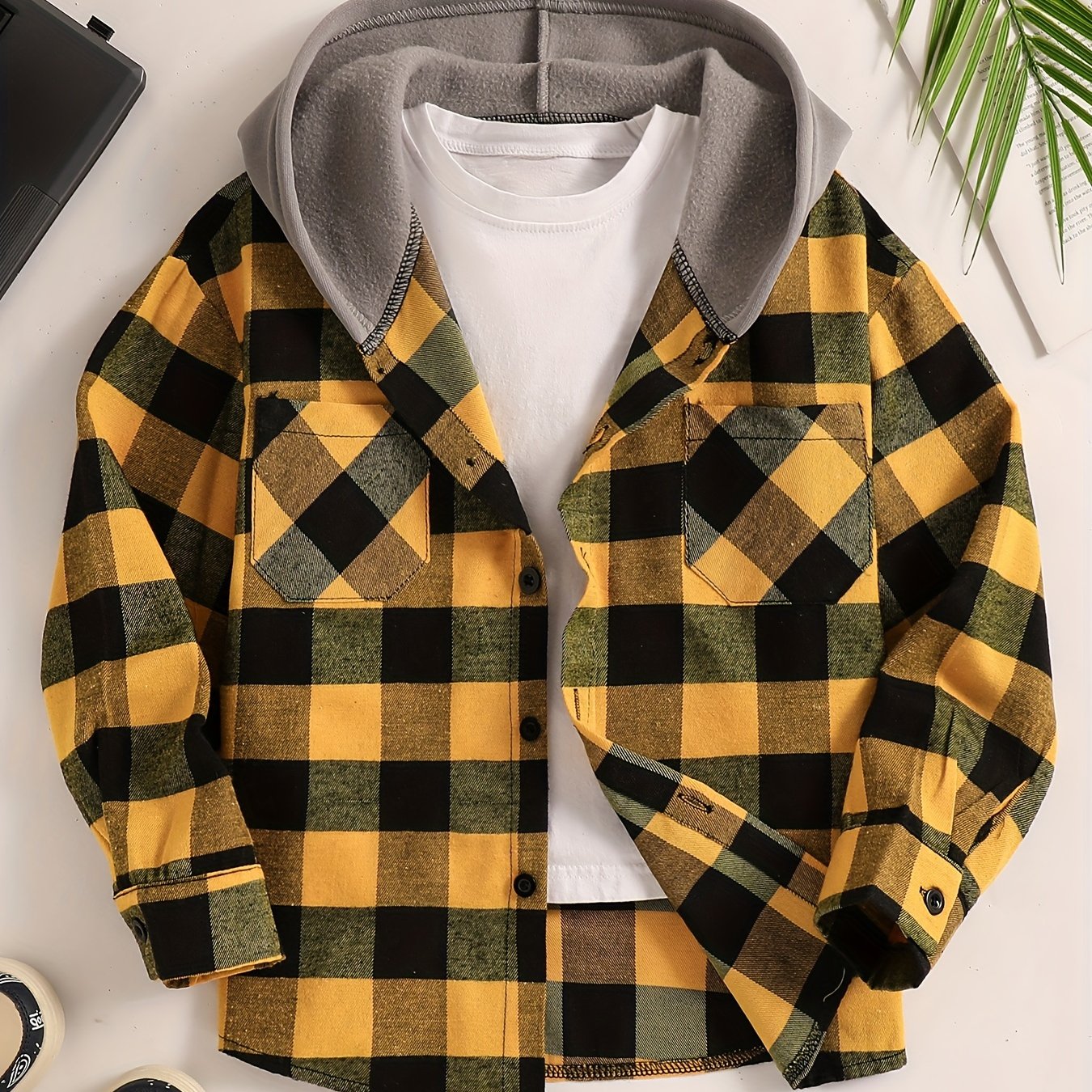 Camisa con capucha de manga larga a cuadros en azul y negro para niños en poliéster, casual para otoño e invierno