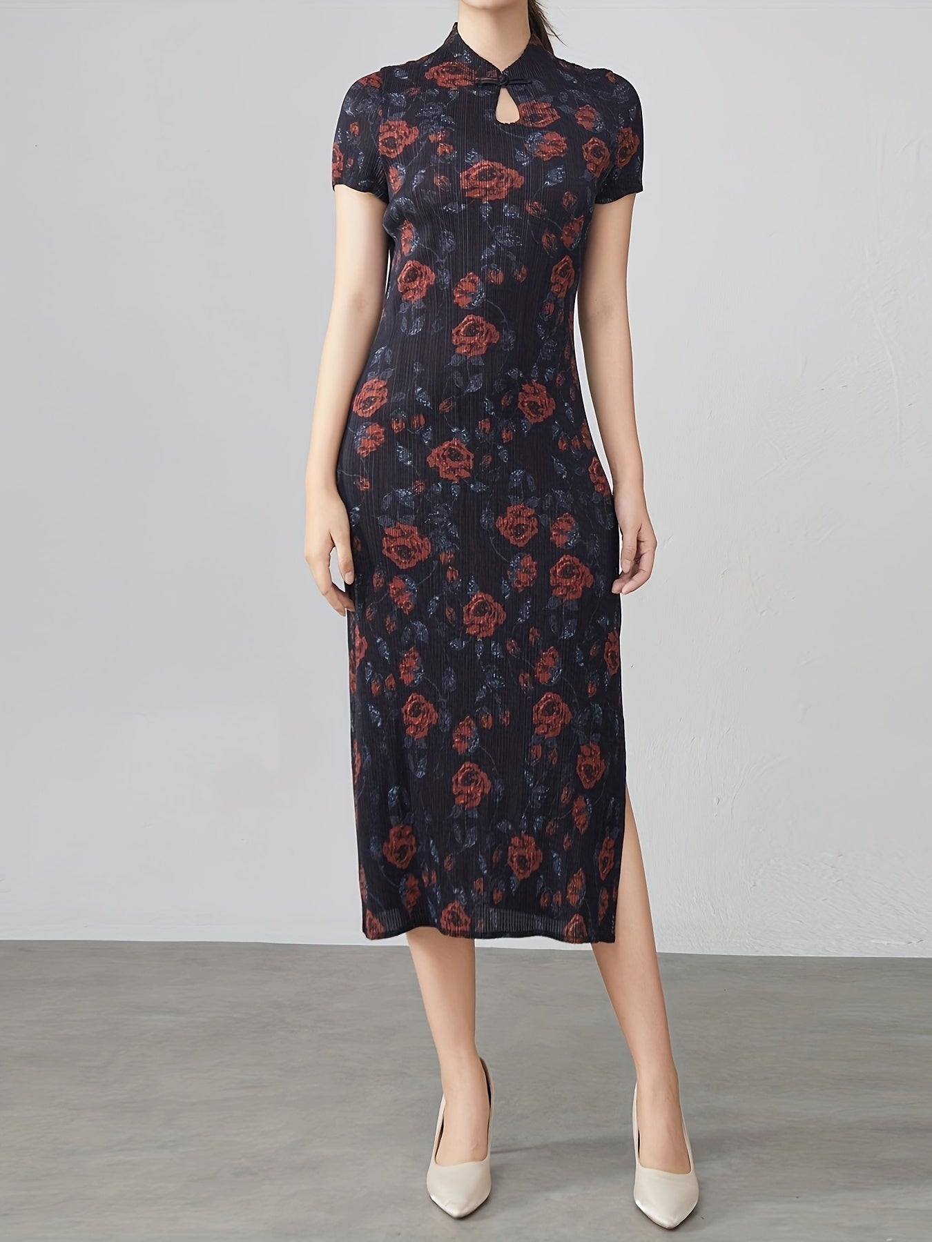 Plus Size Floral Print Qipao Dress Short Sleeve High Stretch Loose Fit Evening Wear