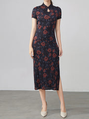Plus Size Floral Print Qipao Dress Short Sleeve High Stretch Loose Fit Evening Wear