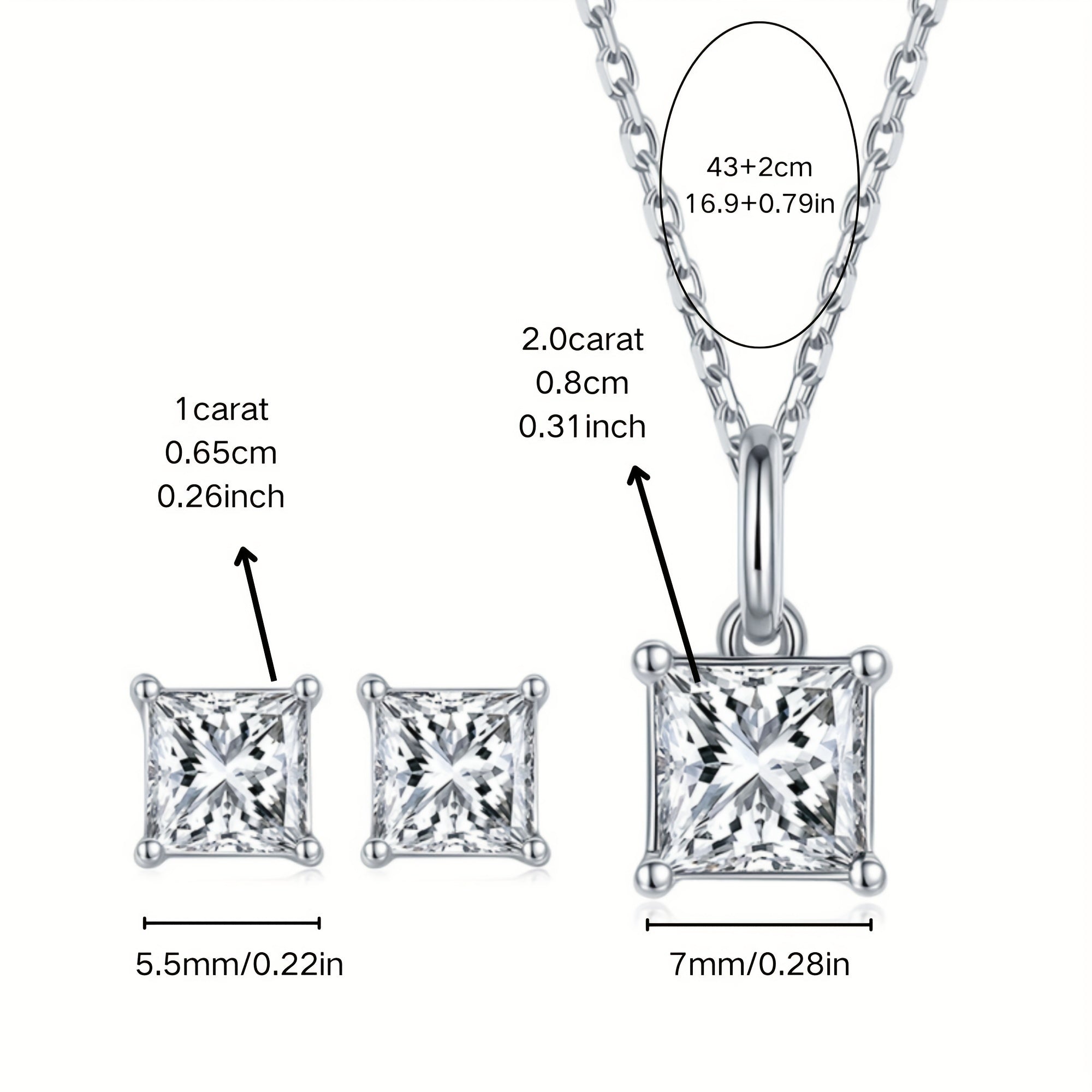 Sterling Silver Moissanite Jewelry Set Square Pendant Stud Earrings Wedding Birthday Gift