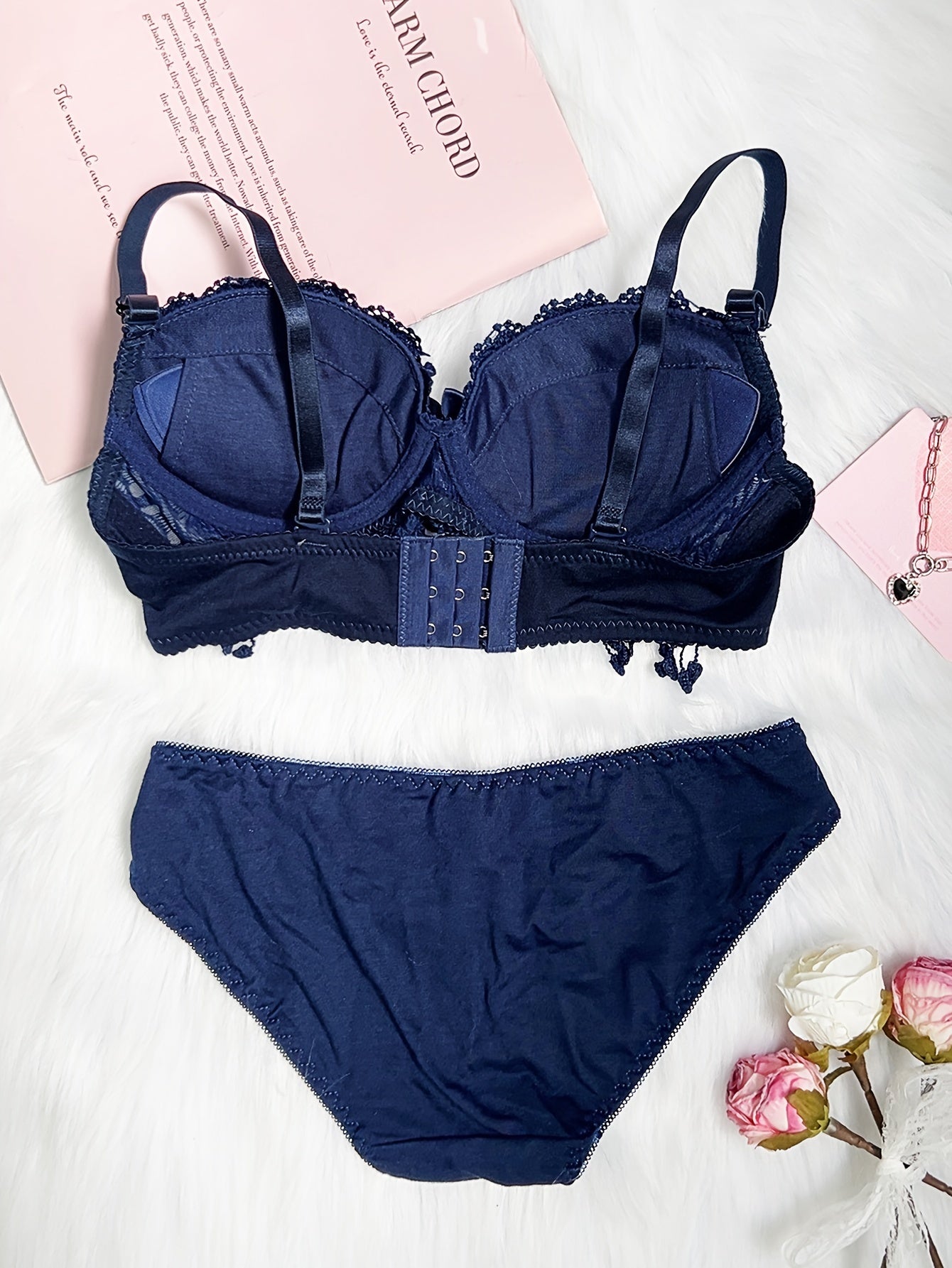 Women Red Heart Embroidery Lingerie Set with Push-Up Bra and Removable Pads