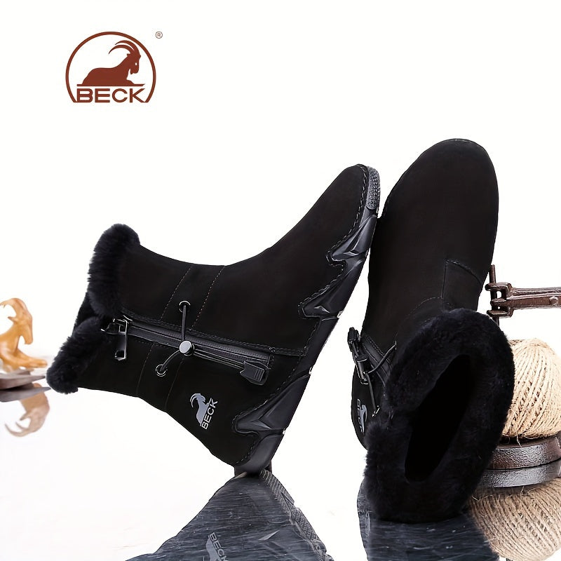 Women's Leather Winter Snow Boots with Fluffy Side Zipper and Warm Lining