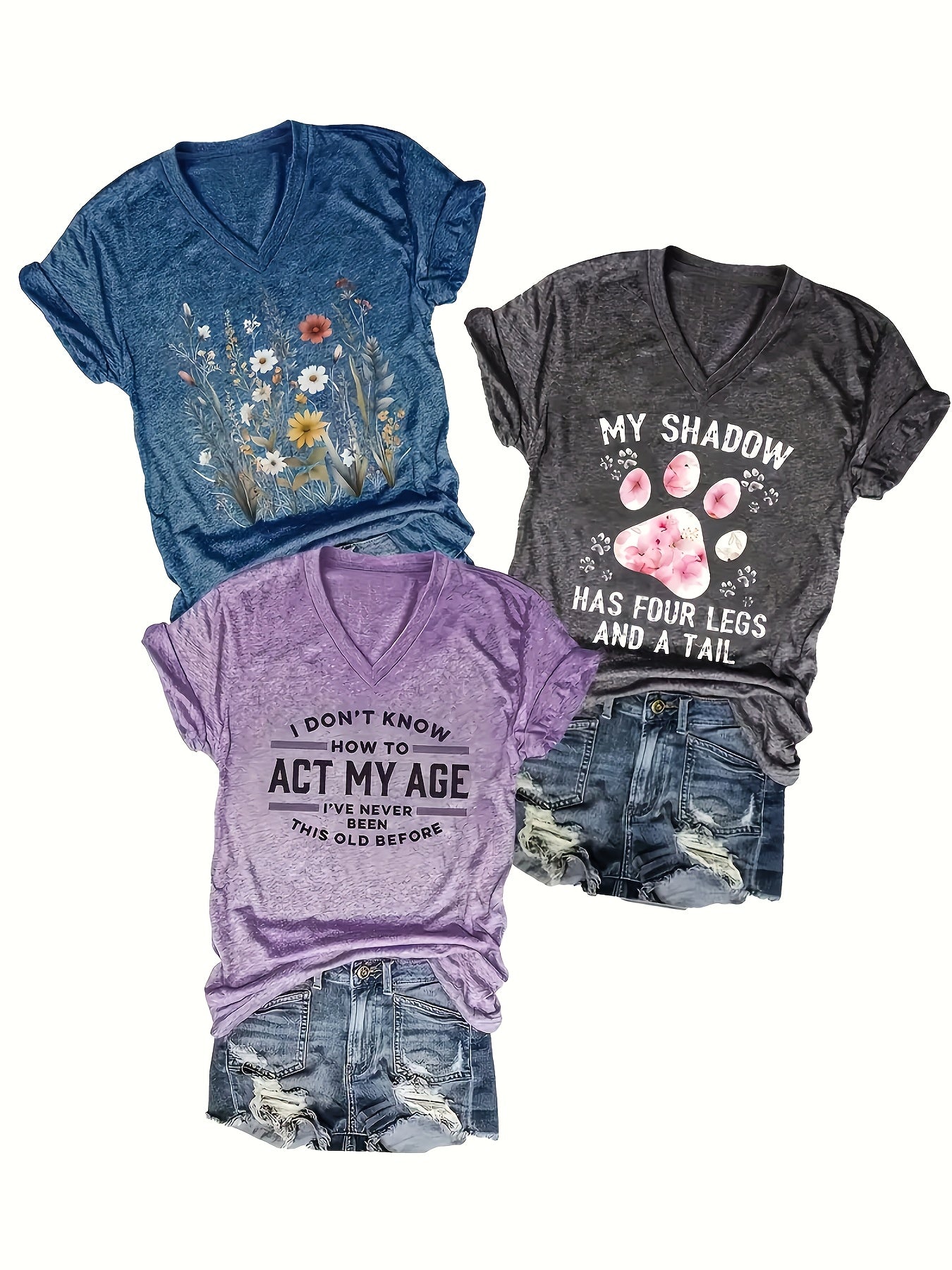 Women's Printed V-Neck T-Shirts Casual Short-Sleeve Spring Summer Pack of 3