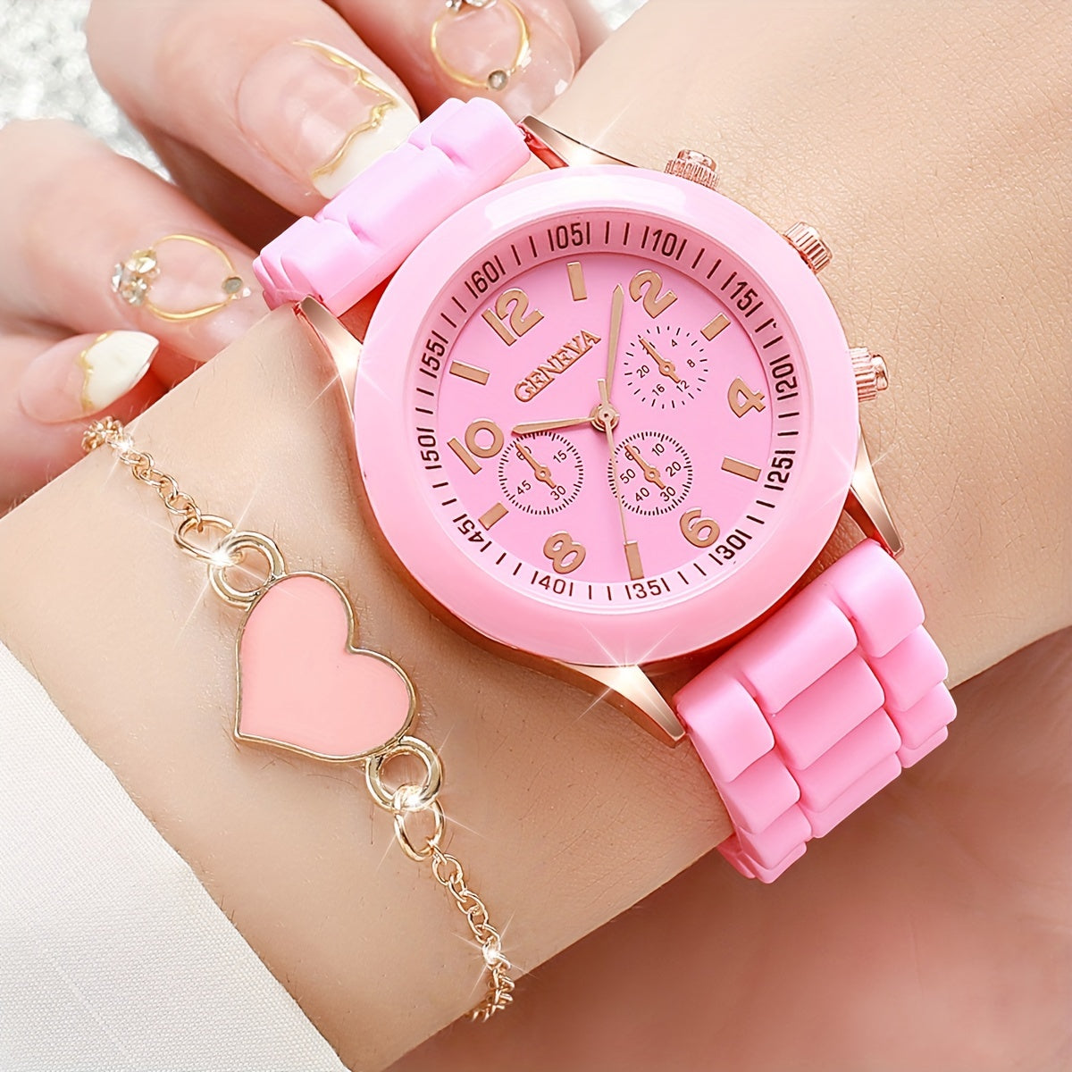Women's Fashion Casual Watch Set with Quartz Movement Silicone Band Heart Bracelet