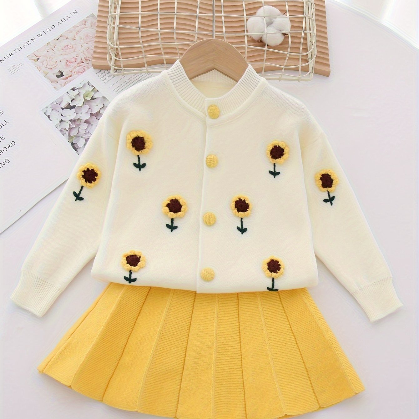 Girls Kids Spring Fall Outfit Set Cardigan Sweater and Pleated Skirt