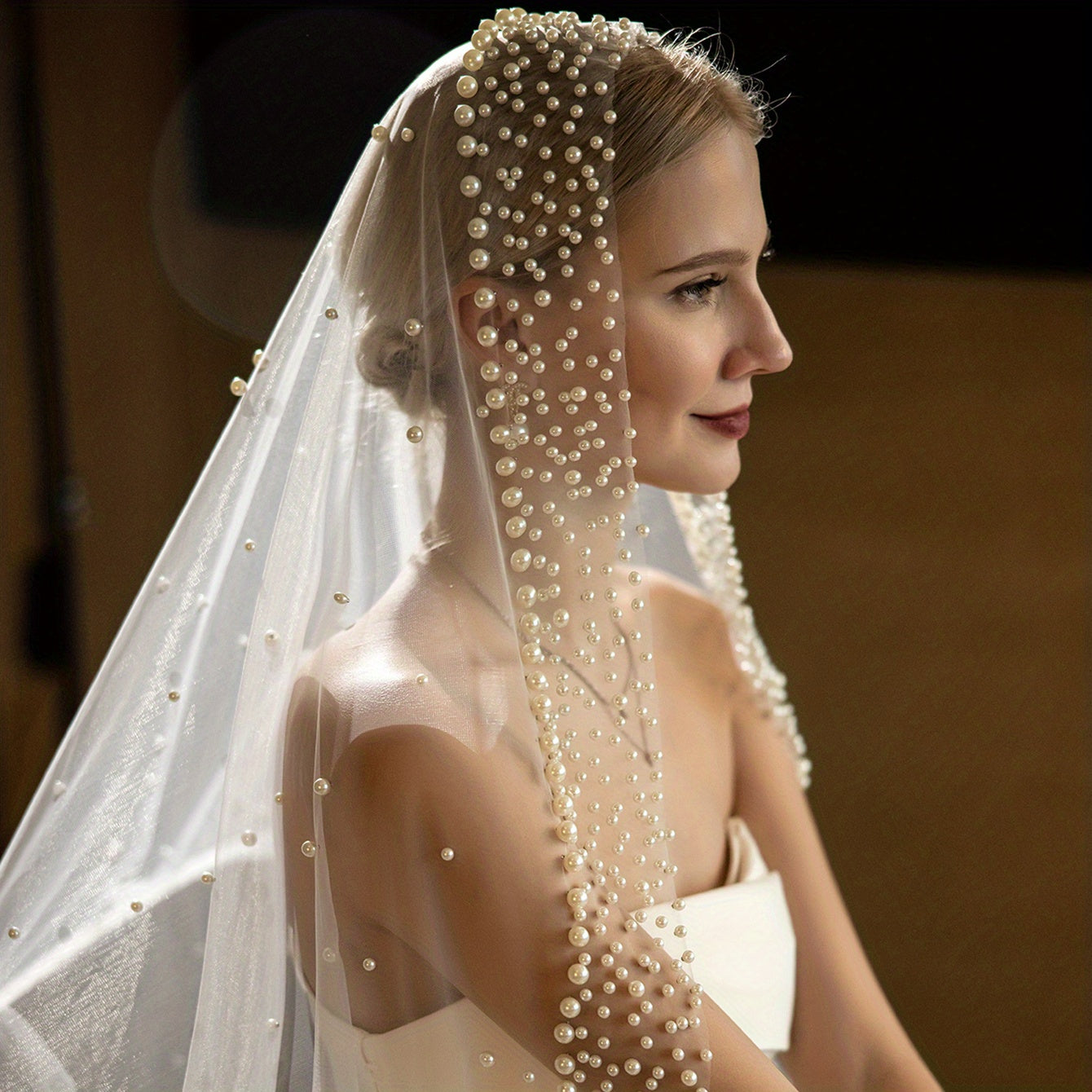 Princess Cathedral Wedding Veil with Faux Pearl Bridal Head Jewelry