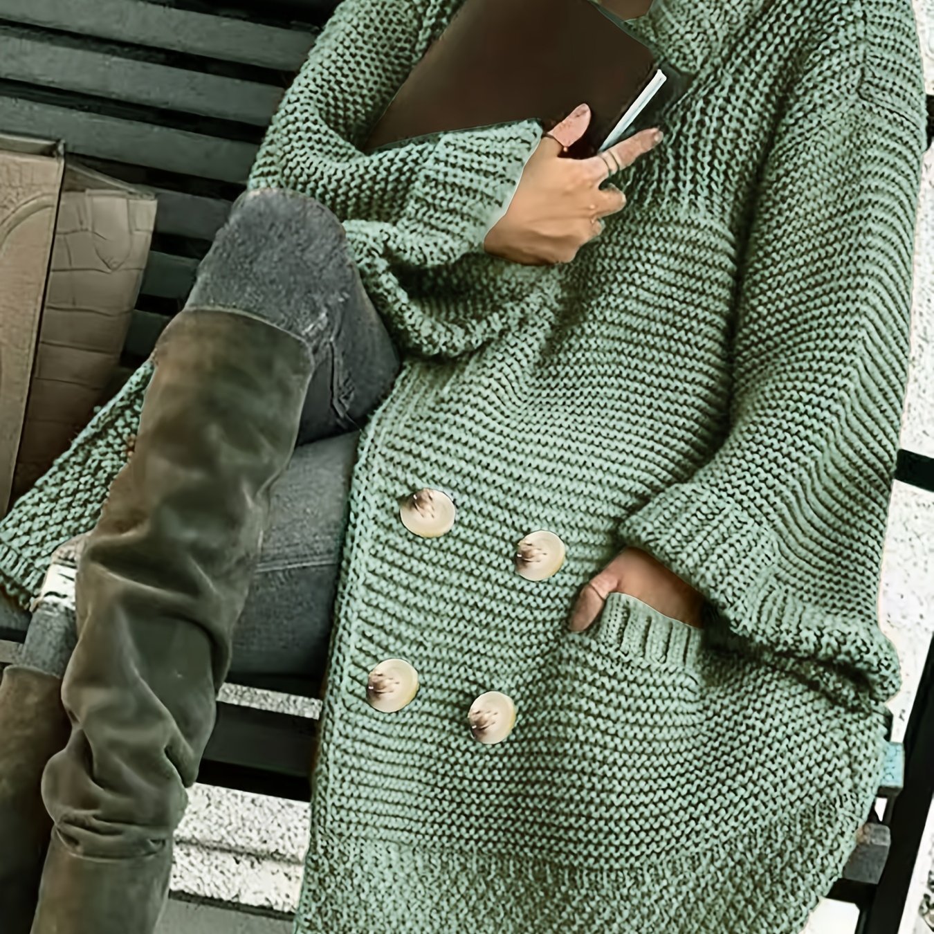 Plus Size Women's Red Long Sleeve Cardigan Cozy Winter Sweater with Pockets