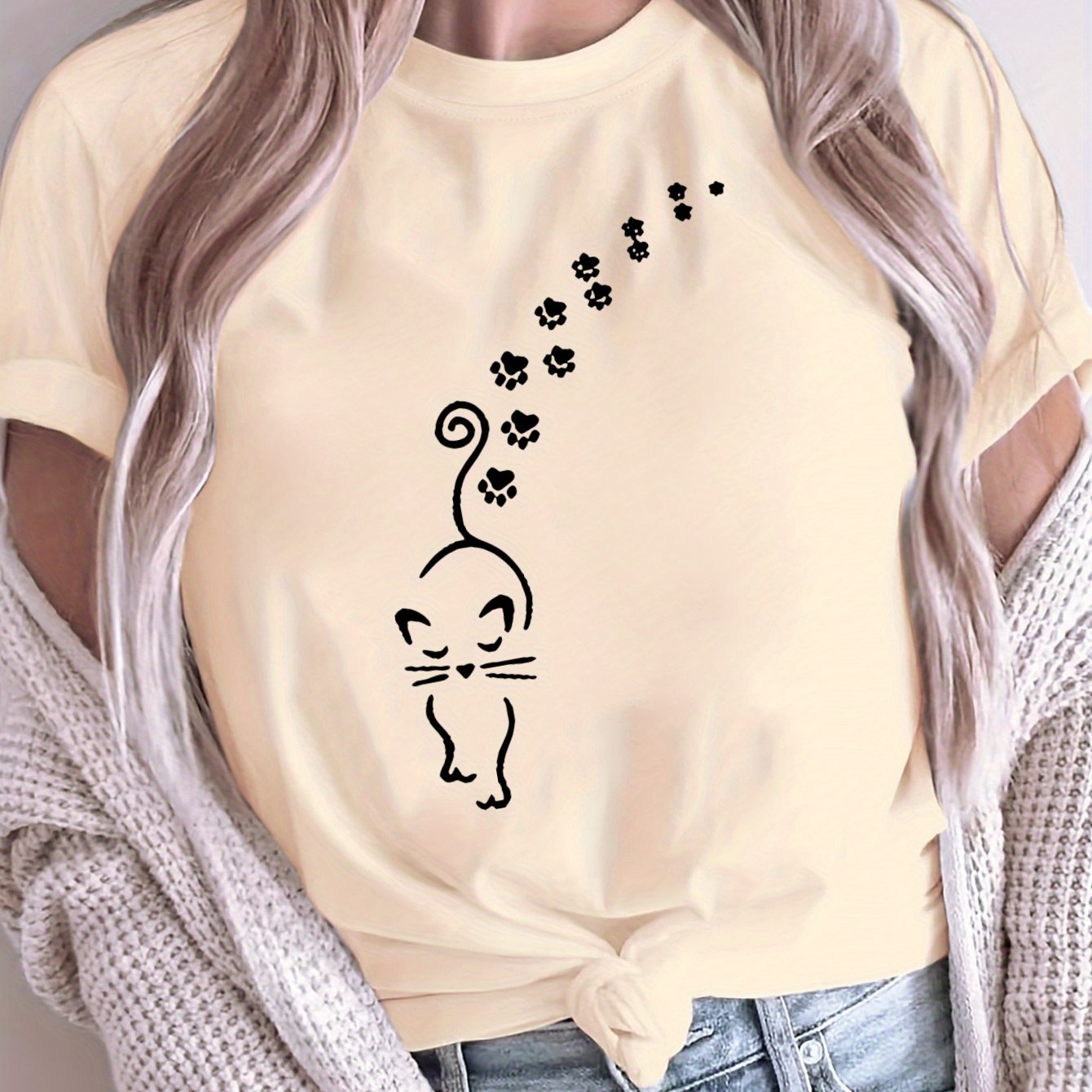 Women's Plus Size Loose Fit Cat Print T-Shirt Breathable Polyester Casual Top