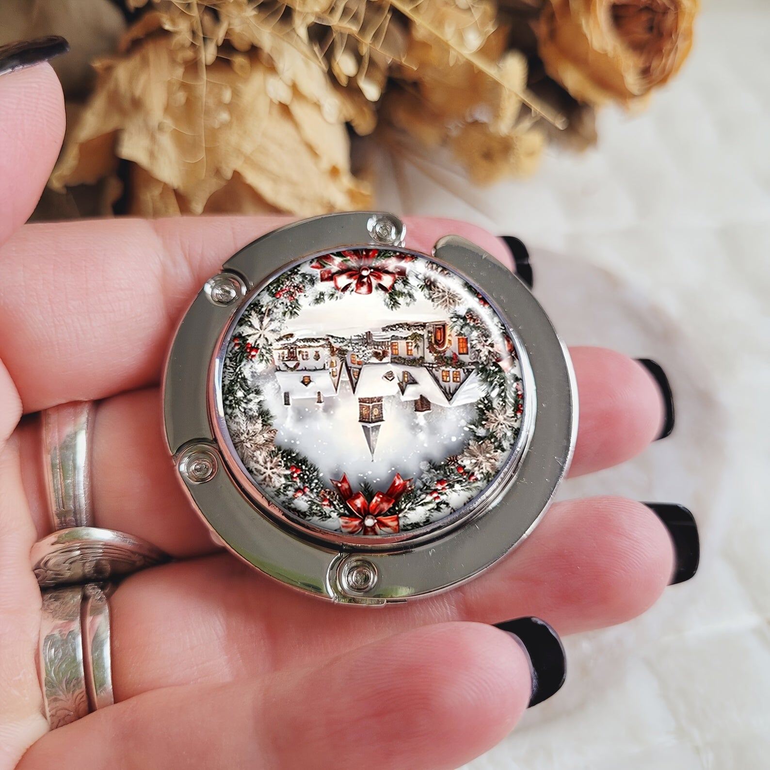 Portable Folding Purse Hook Table Accessory with Christmas Village Snow Scene Design