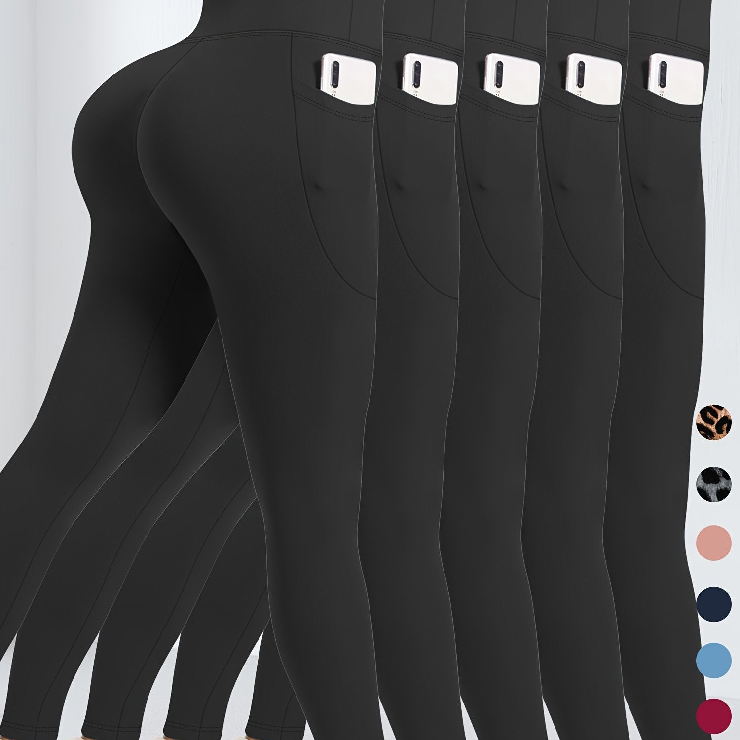 Women's High Waist Tummy Control Yoga Leggings with Pockets Black Red Blue Pink