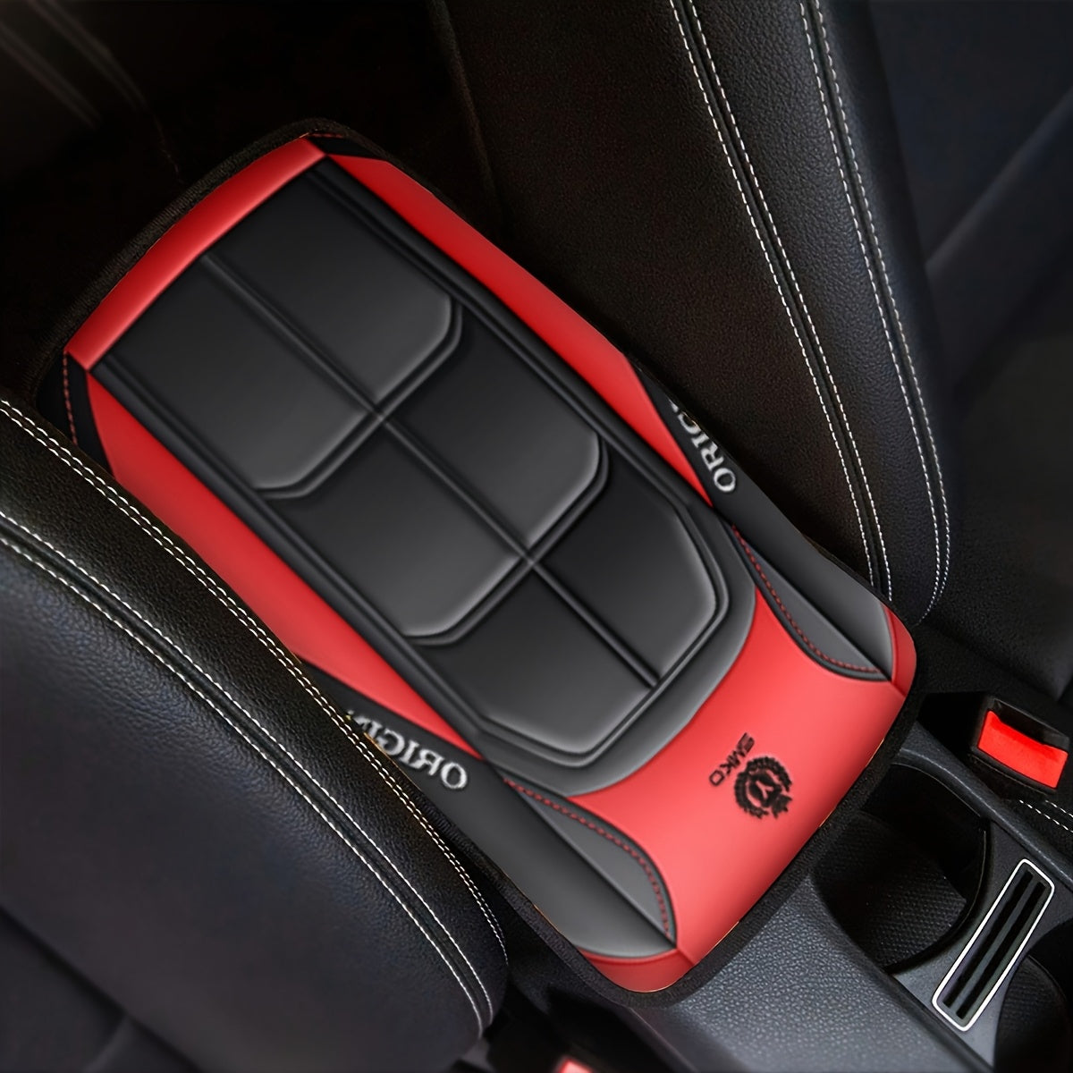 Car Interior Armrest Cover, Rubber, Black and Red, Durable Polyester