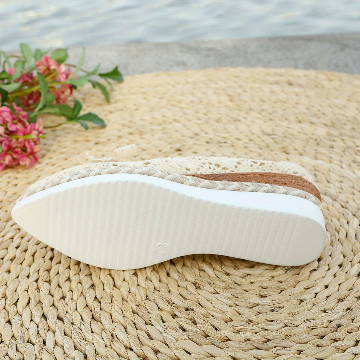 Women's Beige Floral Wedge Heeled Loafers with Rope Sole