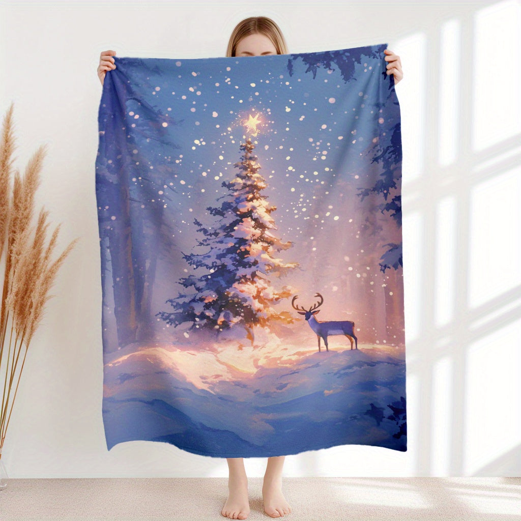 Soft Flannel Fleece Blanket with Christmas Tree and Deer Design All-Season Washable for Sofa Home Office Camping