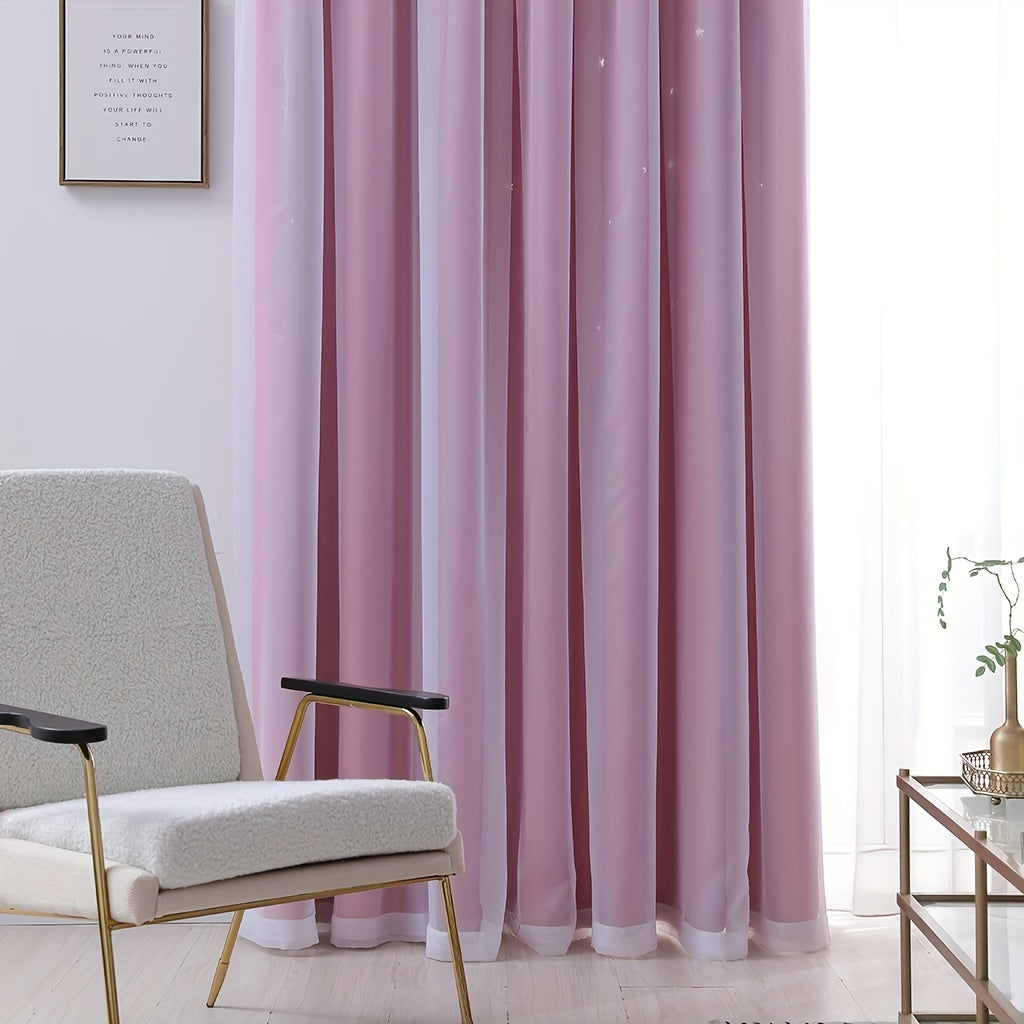 Solid Color Double Layer Yarn Curtain with Star Design for Living Room Bedroom Balcony