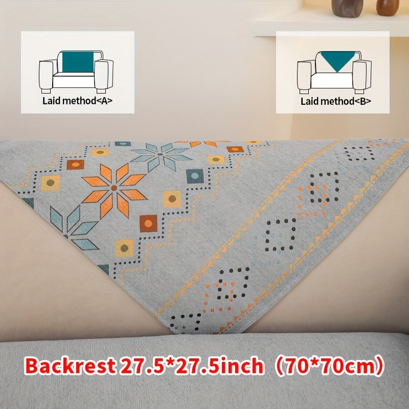 Чехол для дивана из шенилла "Богемные четыре сезона" с геометрическим вышитым узором, обеспечивает защиту дивана и противоскользящие свойства для домашнего декора в спальне, офисе и гостиной.