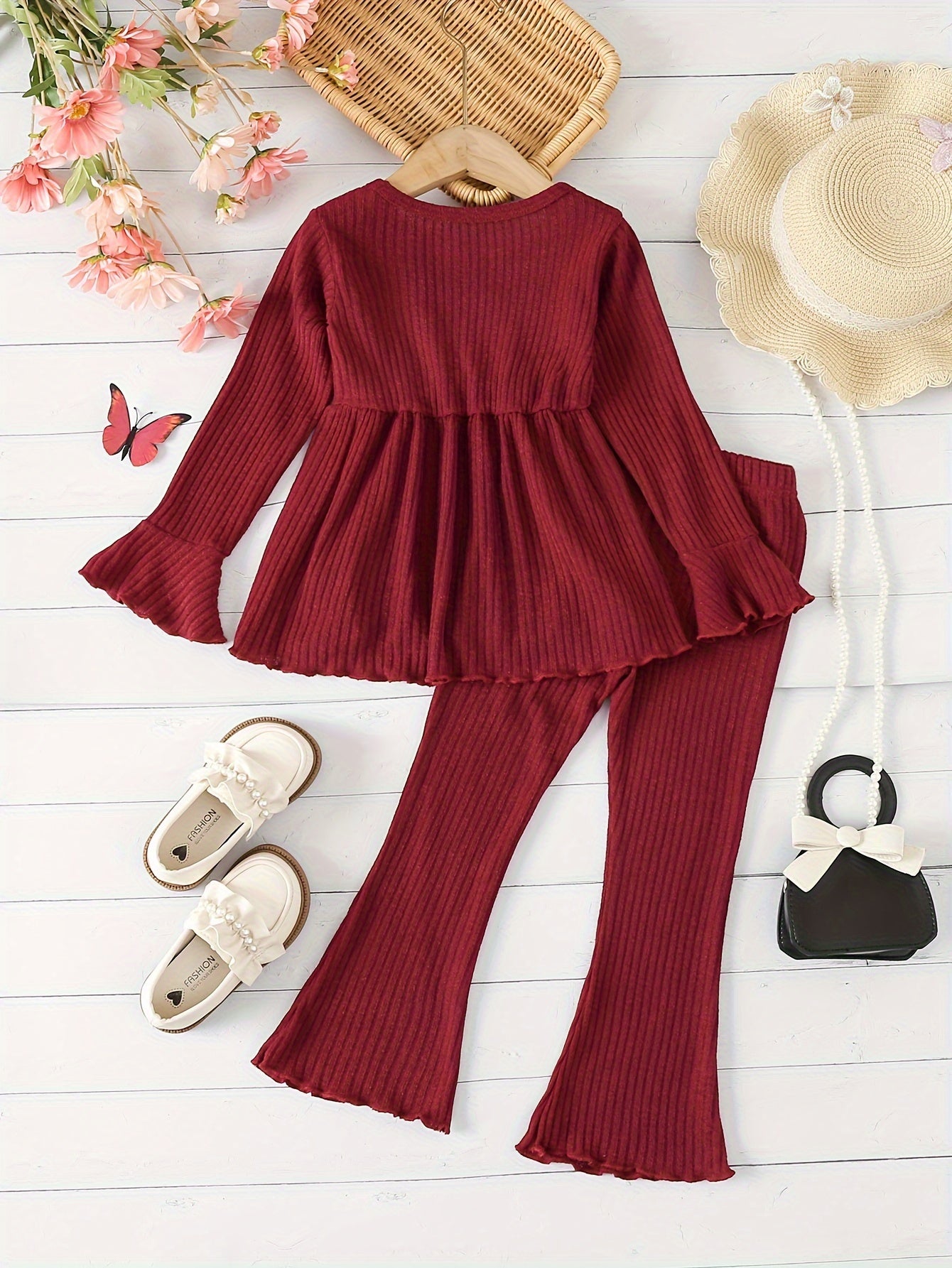 Girls Outdoor Clothing Set 2-Piece Long Sleeve Flared Top and Pants Solid Color