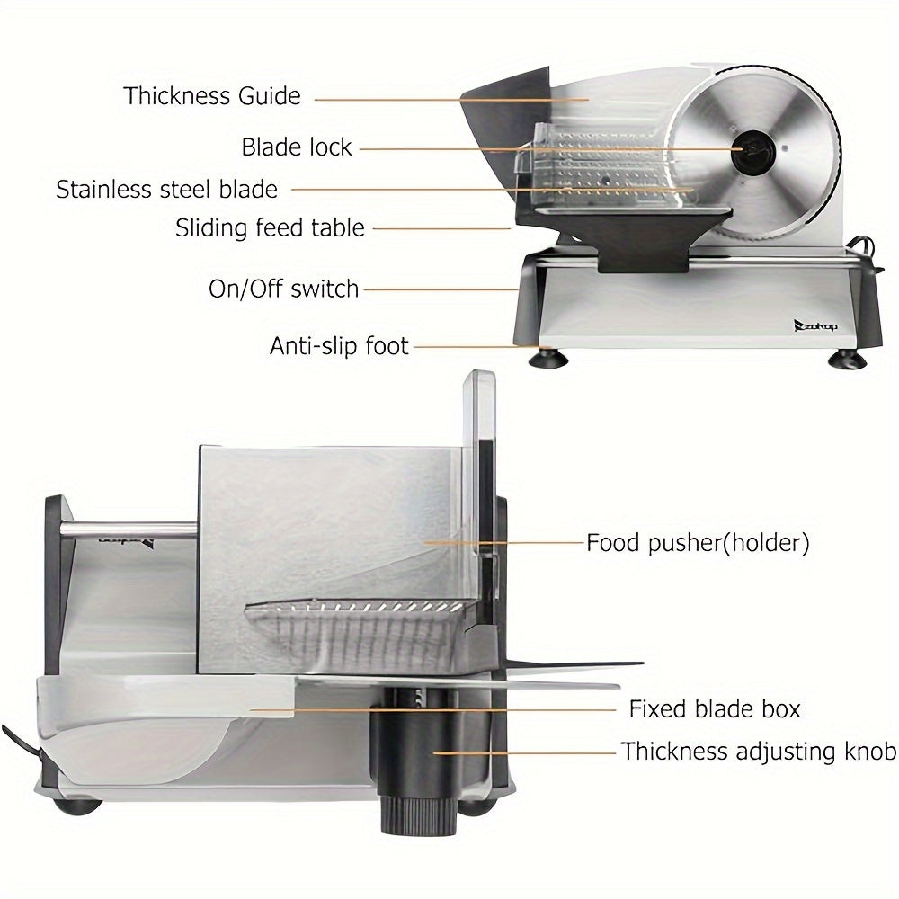 Stainless Steel Blade bilan Elektr Slicer - O'lchamni sozlash mumkin, oson tozalash - go'sht, non, meva va sabzavotlar uchun ideal - 220-240V