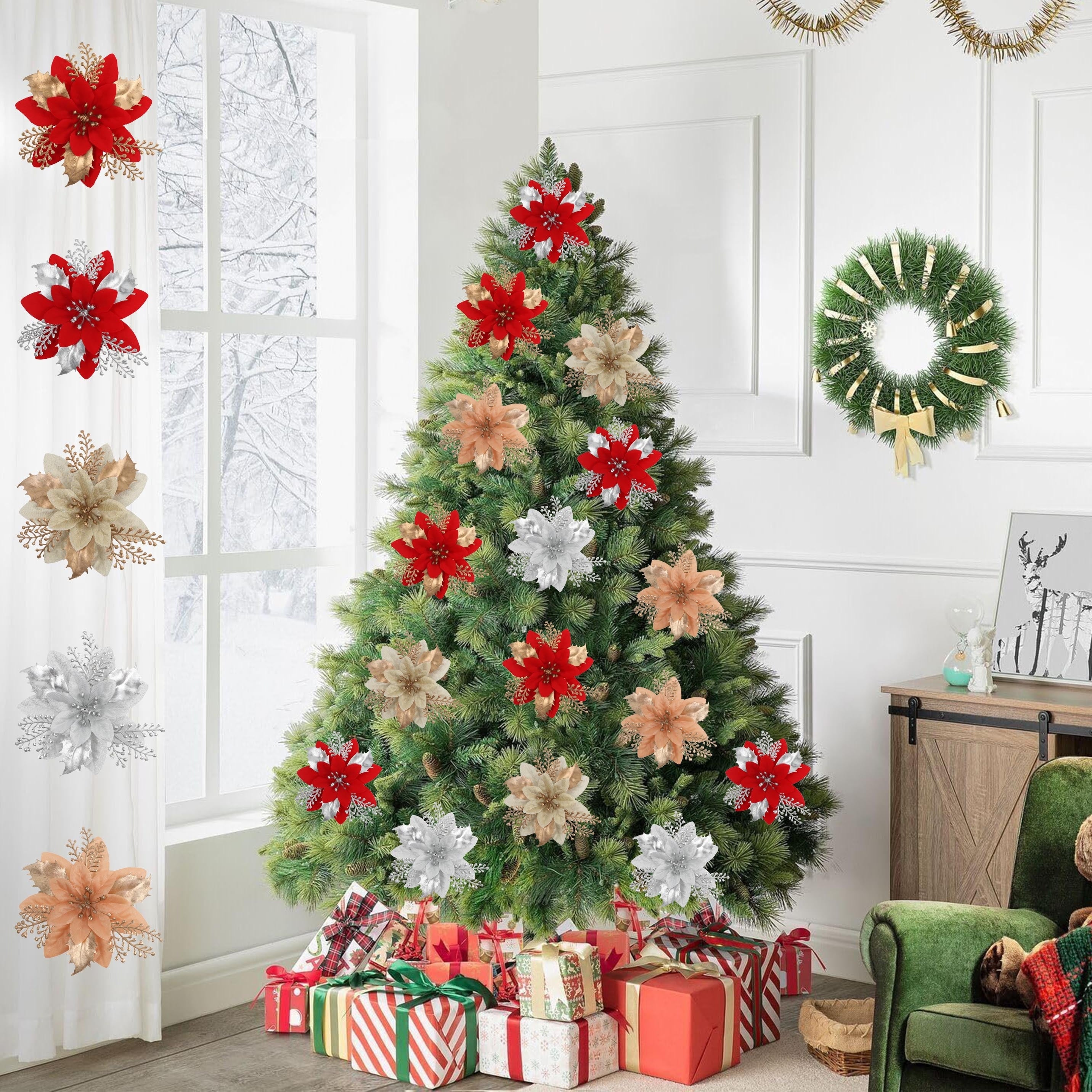 Conjunto de 12 flores artificiales de poinsettia en rojo y dorado para coronas y decoraciones navideñas