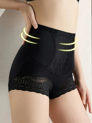 Bragas moldeadoras de cintura alta para control de abdomen para mujer, tejido de punto sin costuras, encaje en contraste, color sólido