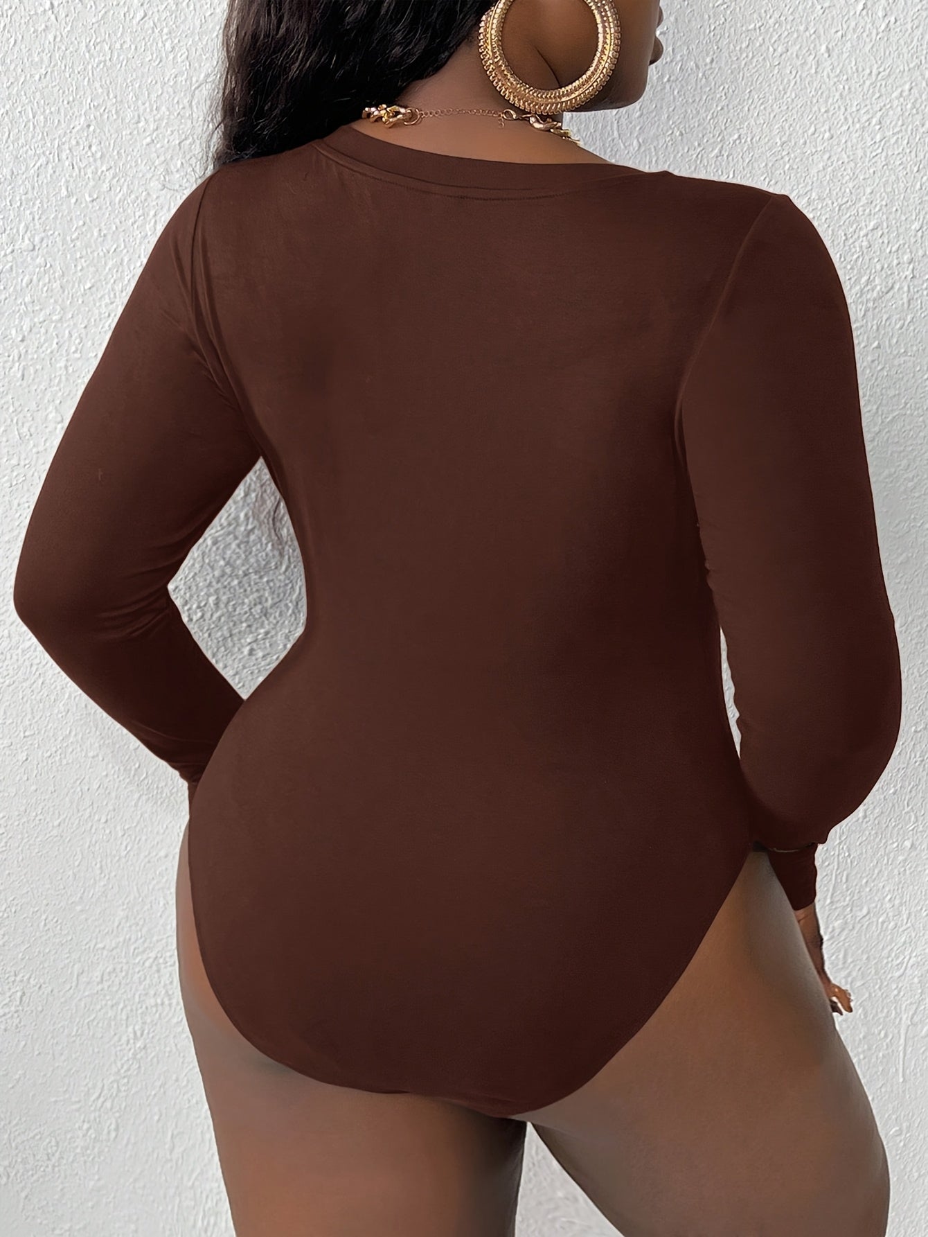 Plus Size Women's V-Neck Jumpsuit Bodycon Coffee Brown Letter Print Long Sleeve