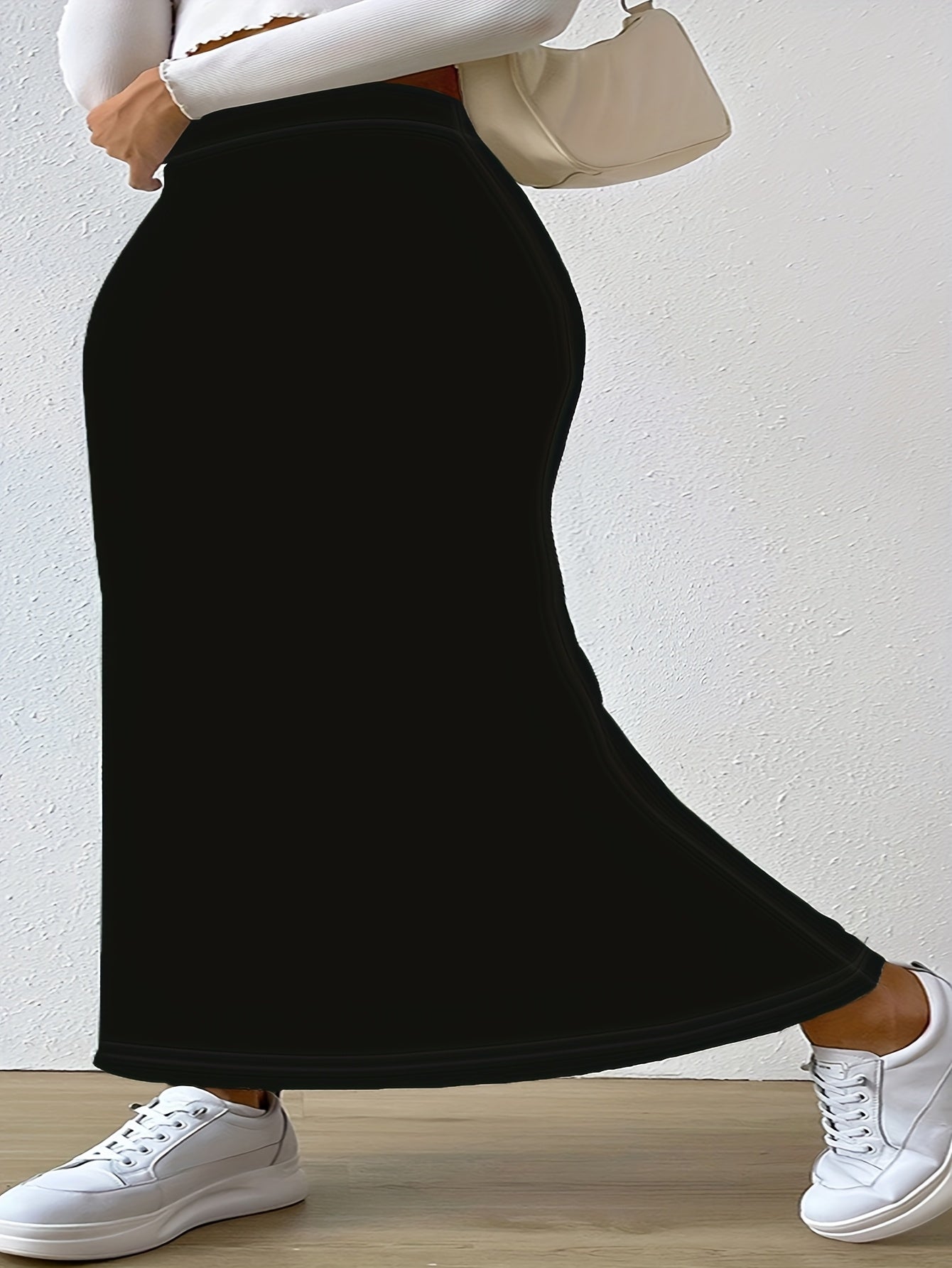 Plus Size Women’s High-Waisted Stretch Skirt Solid Color Fall Summer Dress
