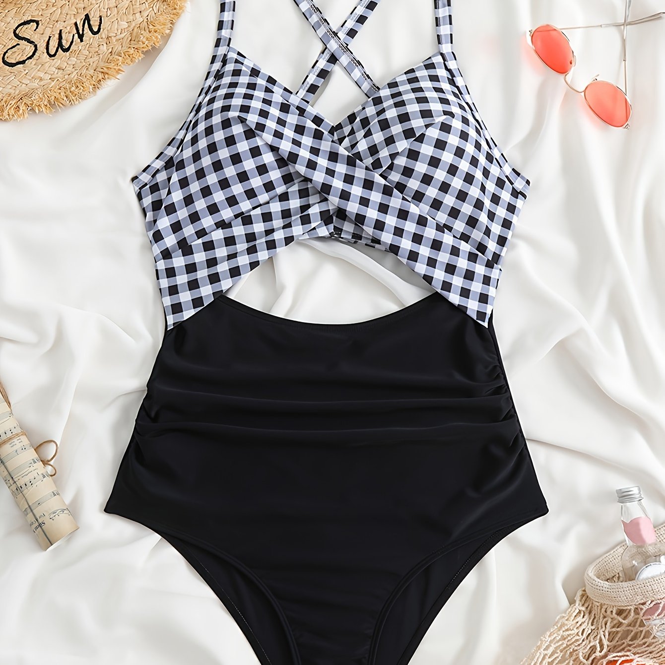 Women's Striped One-Piece Swimsuit with Cut-Out Twist and Criss Cross Tie Back