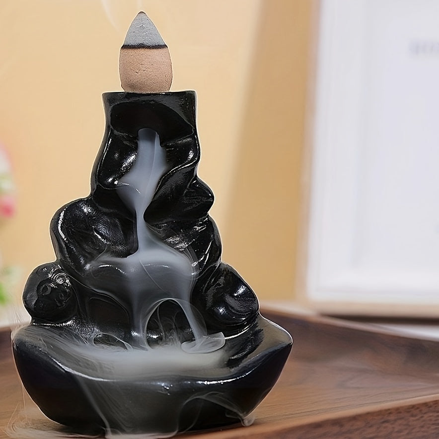 Black Resin Backflow Waterfall Incense Burner with Wooden Sticks for Halloween Decor